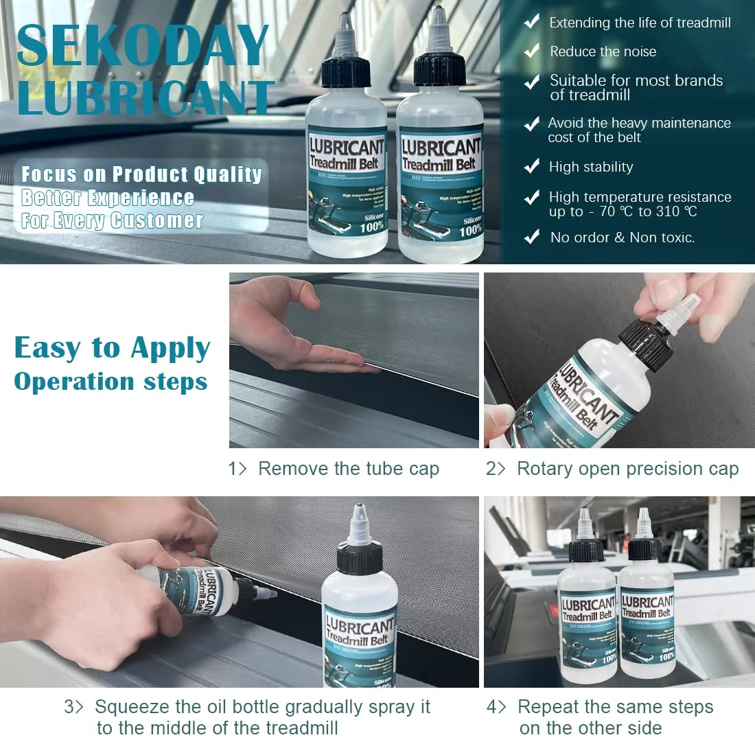 100% Silicone Treadnmill Belt Lubricants/Lubes | Non Toxic and Odorless | High Cost Performance and High Stability | with Precision Screw Caps for Easy Use | Full Belt Width Lubrication