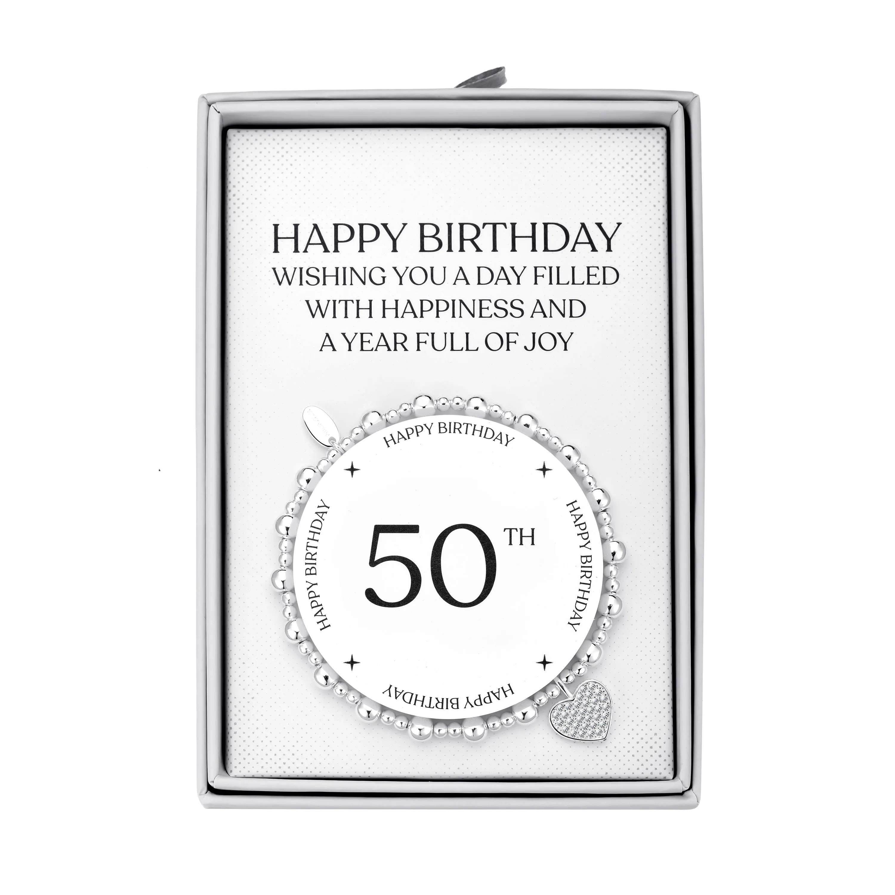 50th Birthday Heart Charm Stretch Bracelet with Quote Gift Box