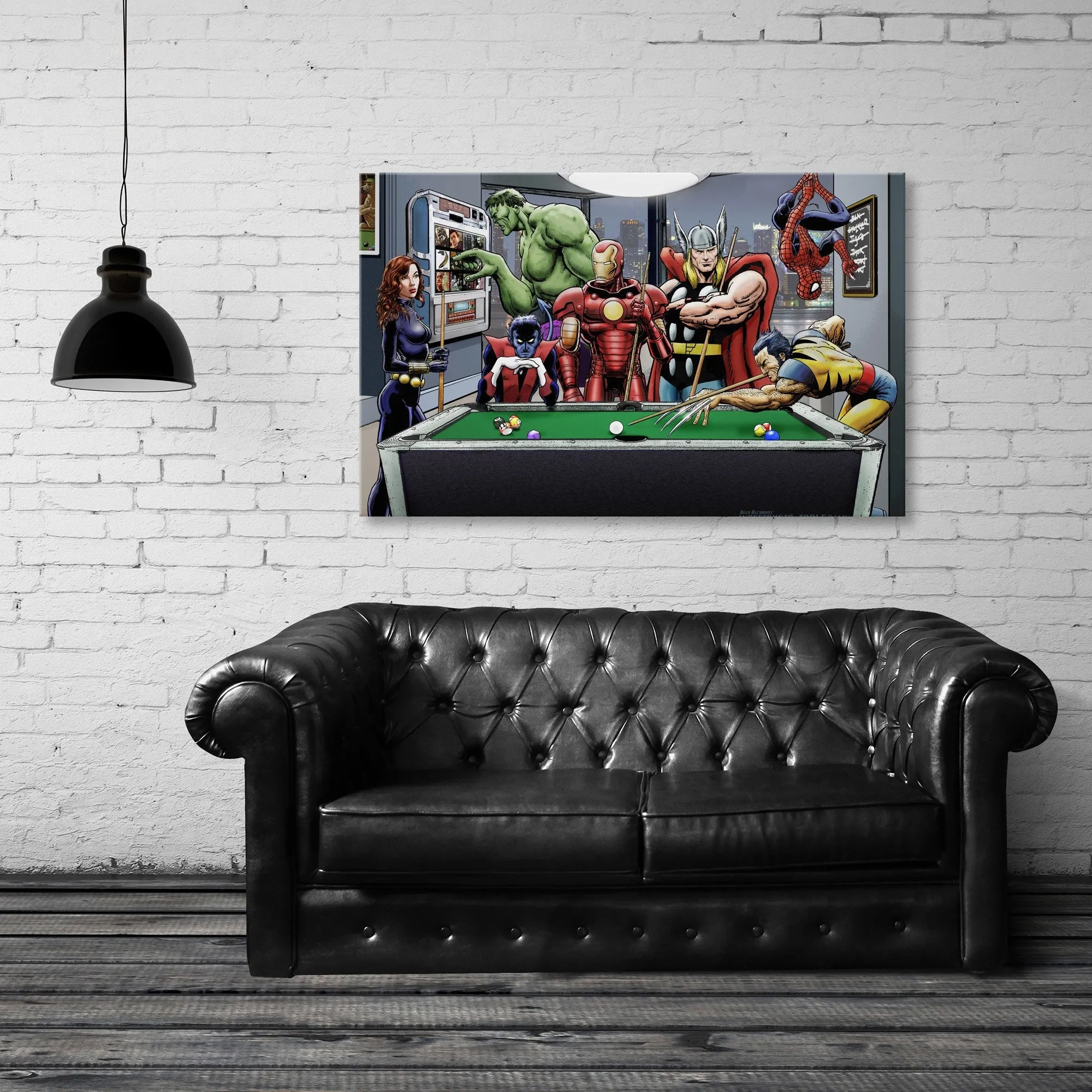 Afterhours: Marvel Superheroes Relax Playing Pool Fine Art Stretched Canvas