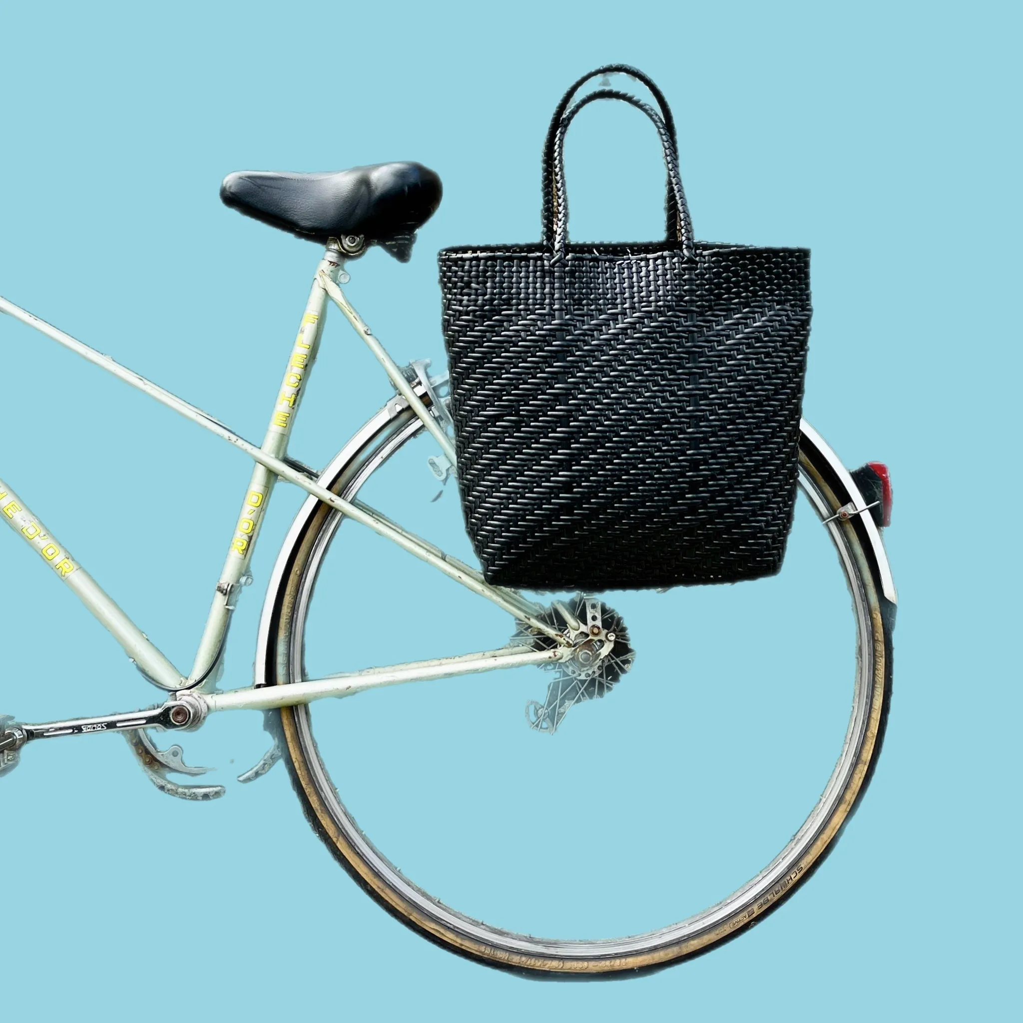 Bicycle Pannier recycled black plastic woven basket tote bag large