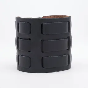 Black Leather Bracelet w/ 3 Strap Woven Leather Details