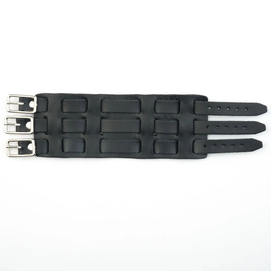 Black Leather Bracelet w/ 3 Strap Woven Leather Details