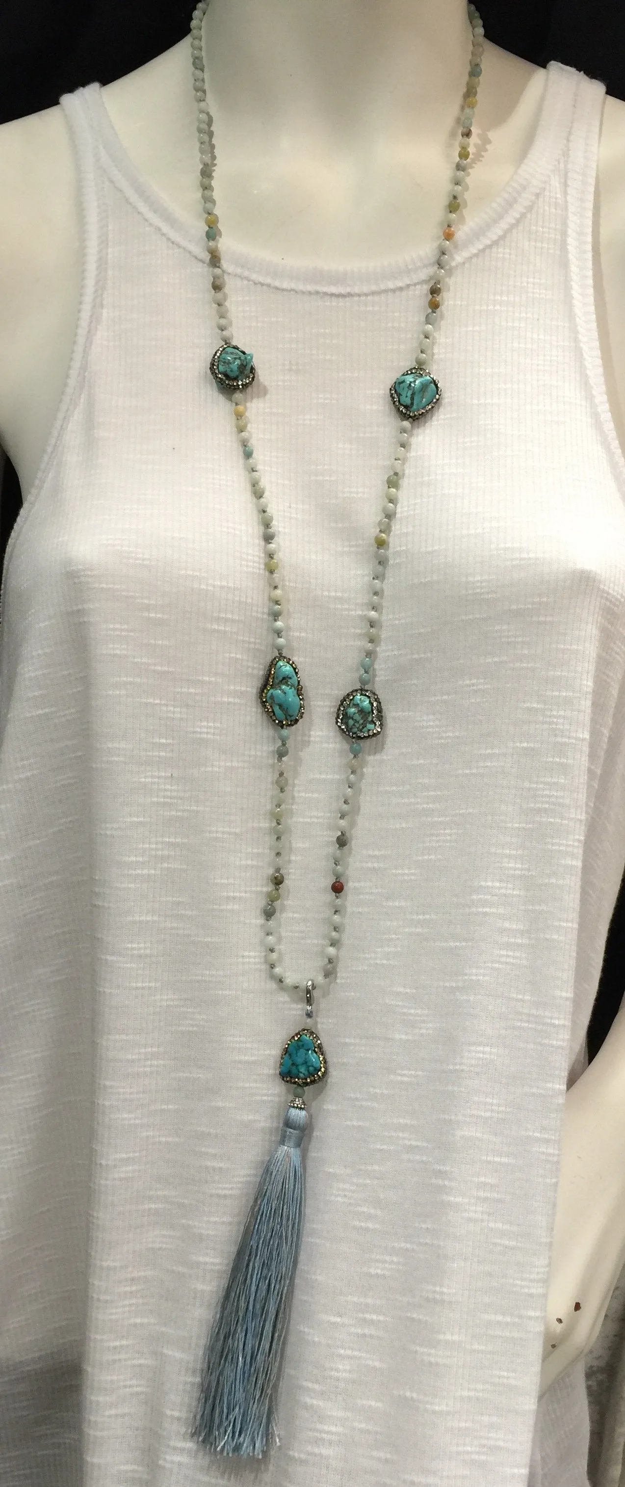 Blue Agate and Multi Piece Turquoise Long Tassel Necklace