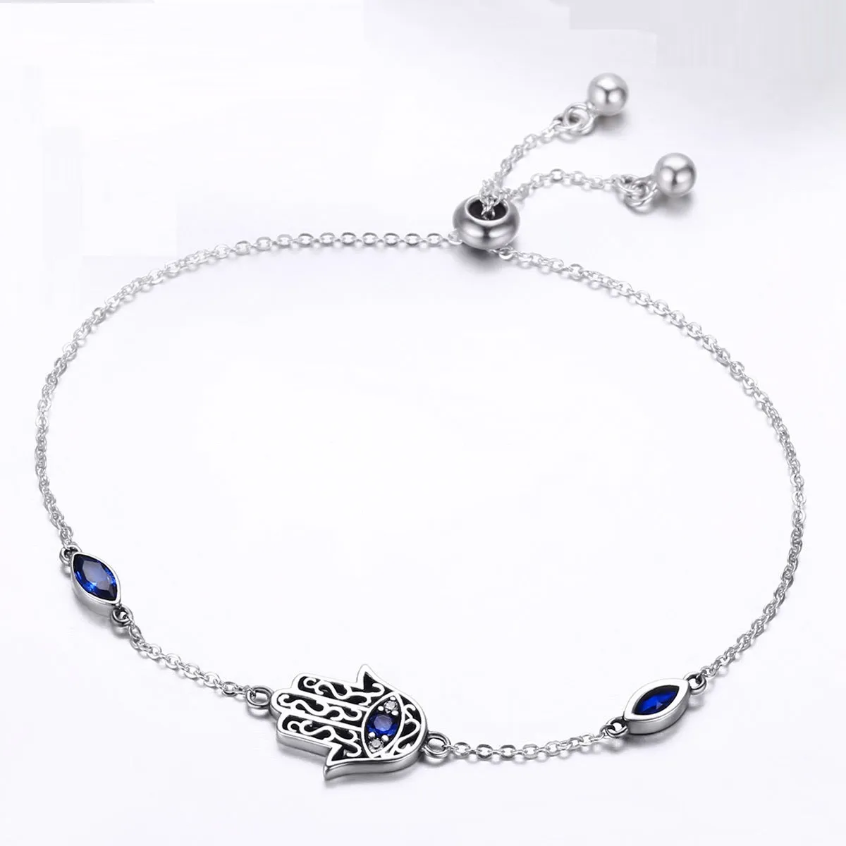 Blue Hamsa Bolo Bracelet Sterling Silver