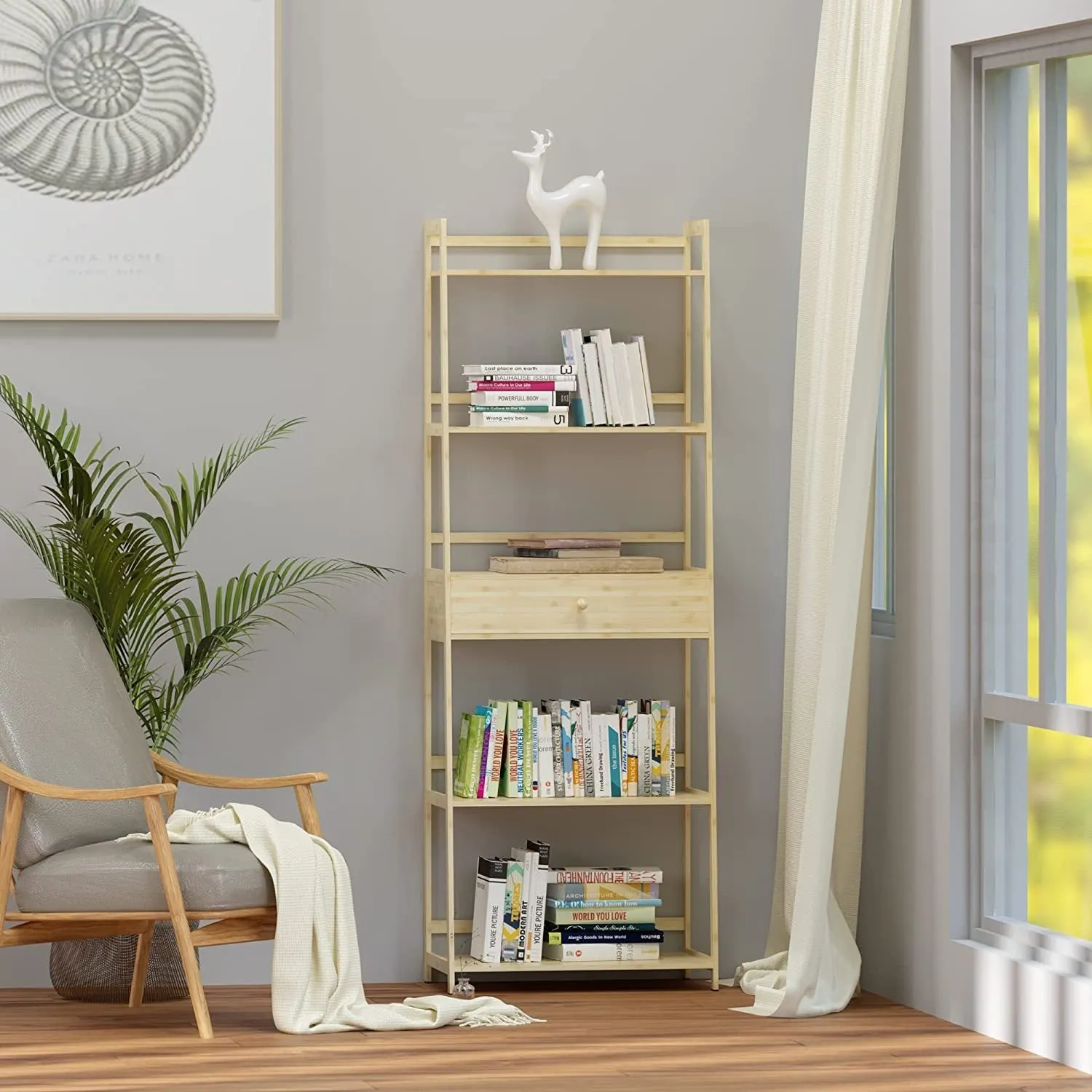 Bookshelf, Ladder Shelf with Drawers, 5 Tier Tall Bookcase, Modern Open Book Case for Bedroom, Living Room, Office, Natural