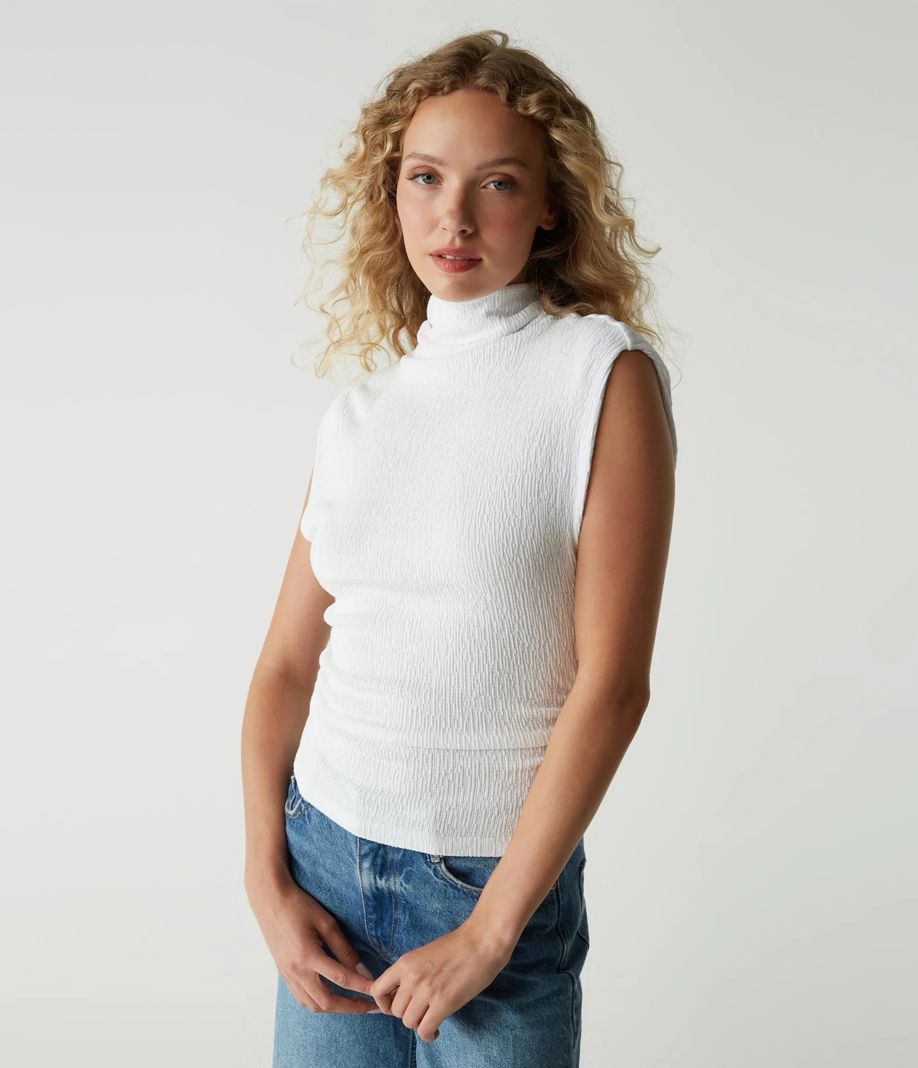 Campbell Mock Neck Crinkle Top