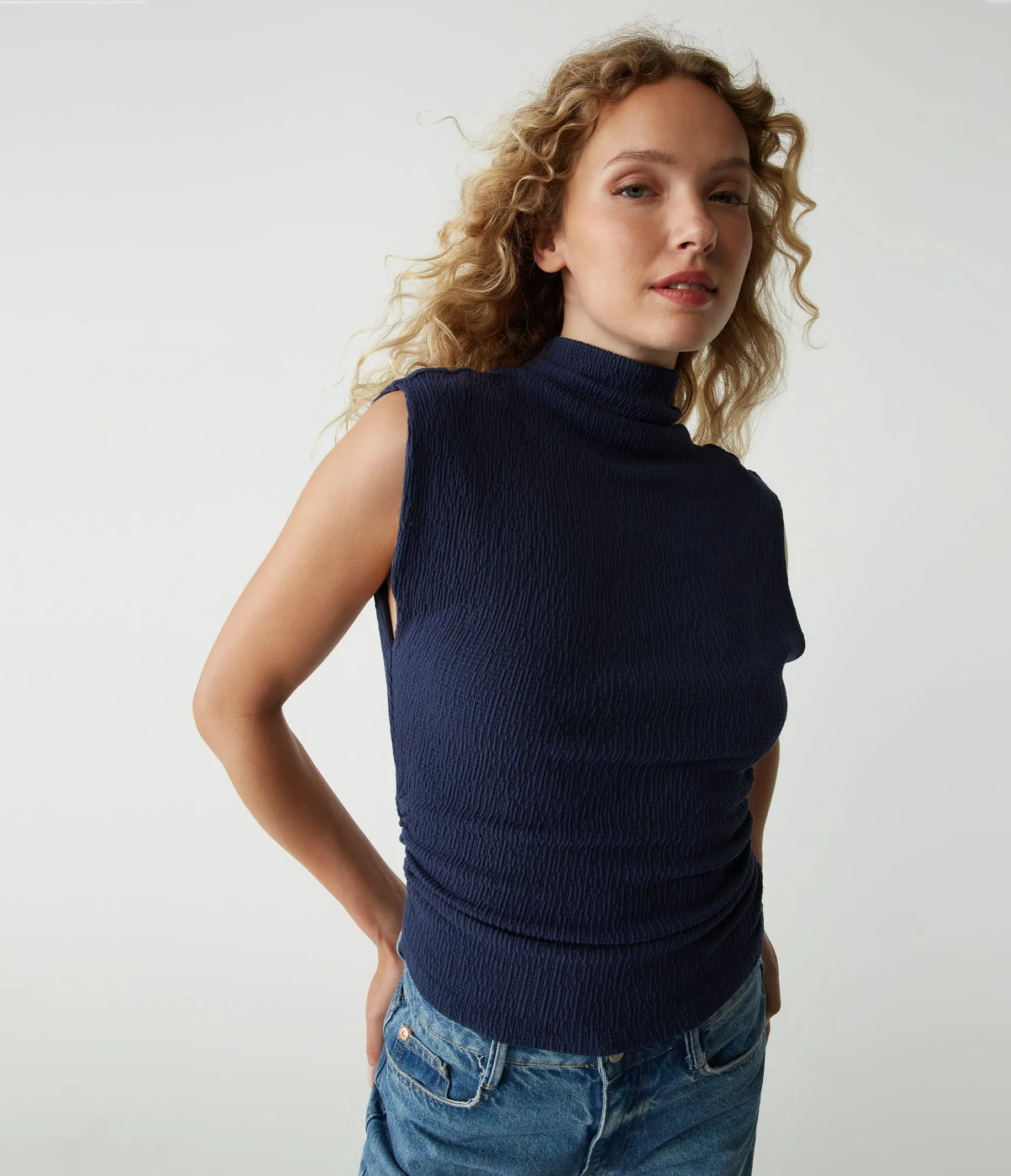 Campbell Mock Neck Crinkle Top