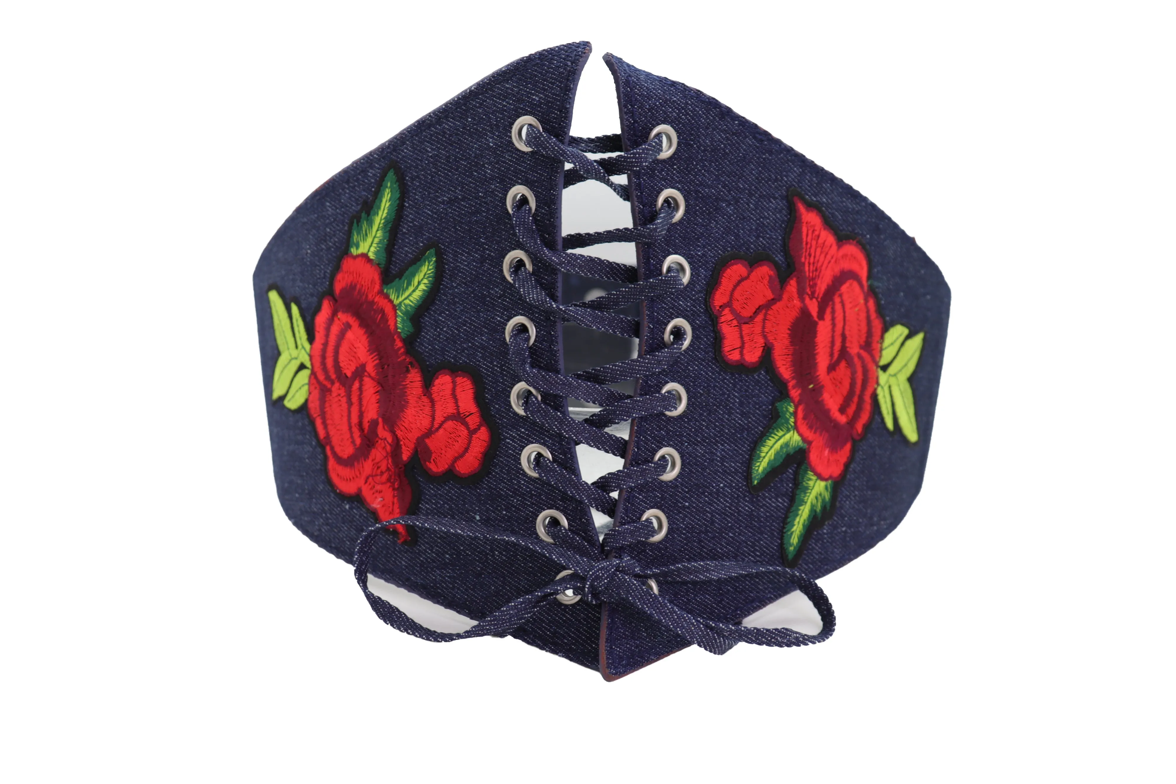 Dark Blue Denim High Waist Corset Elastic Wide Belt Red Rose Flowers S M