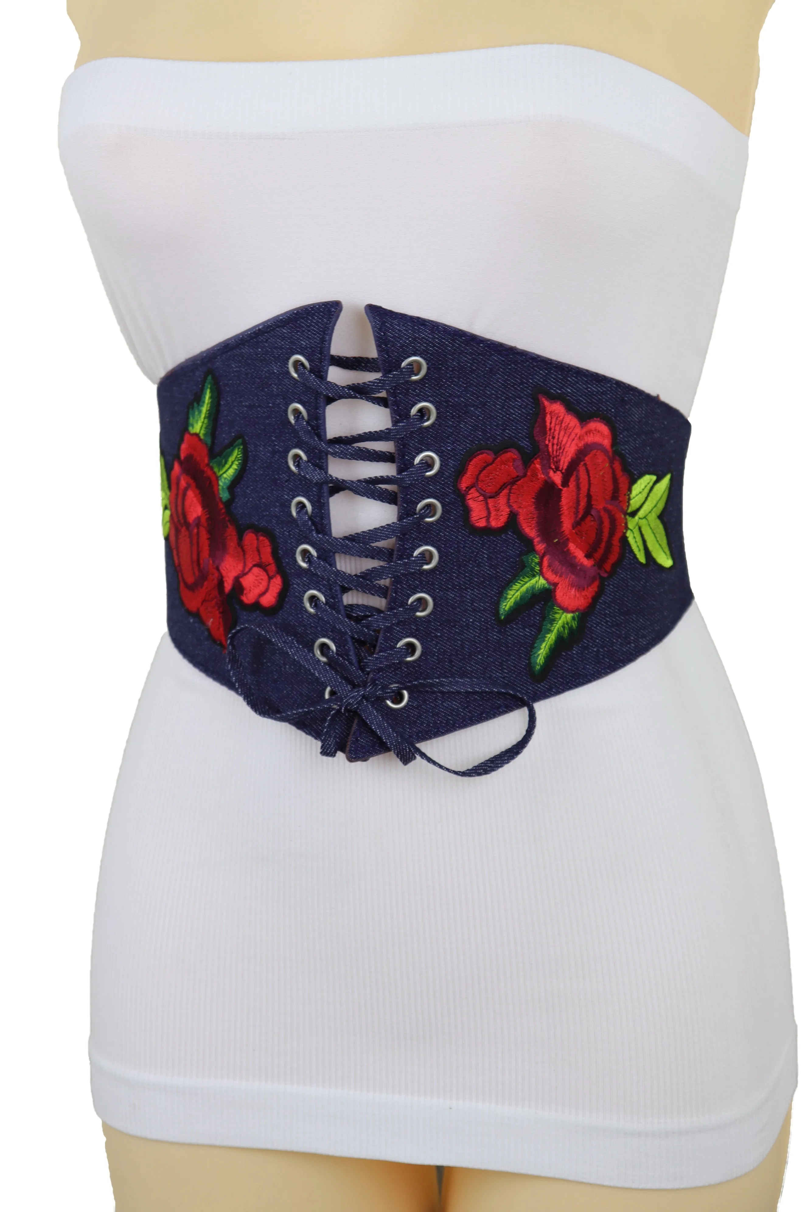 Dark Blue Denim High Waist Corset Elastic Wide Belt Red Rose Flowers S M