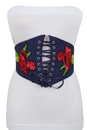 Dark Blue Denim High Waist Corset Elastic Wide Belt Red Rose Flowers S M