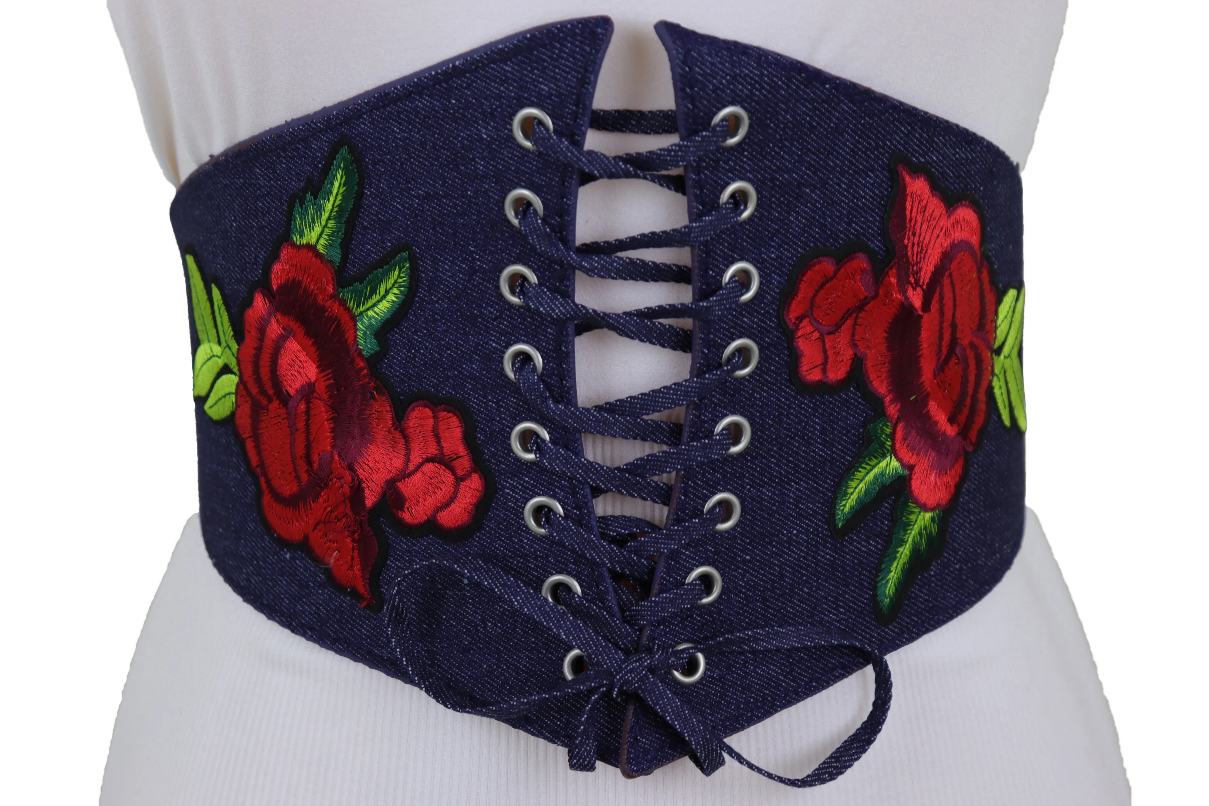 Dark Blue Denim High Waist Corset Elastic Wide Belt Red Rose Flowers S M