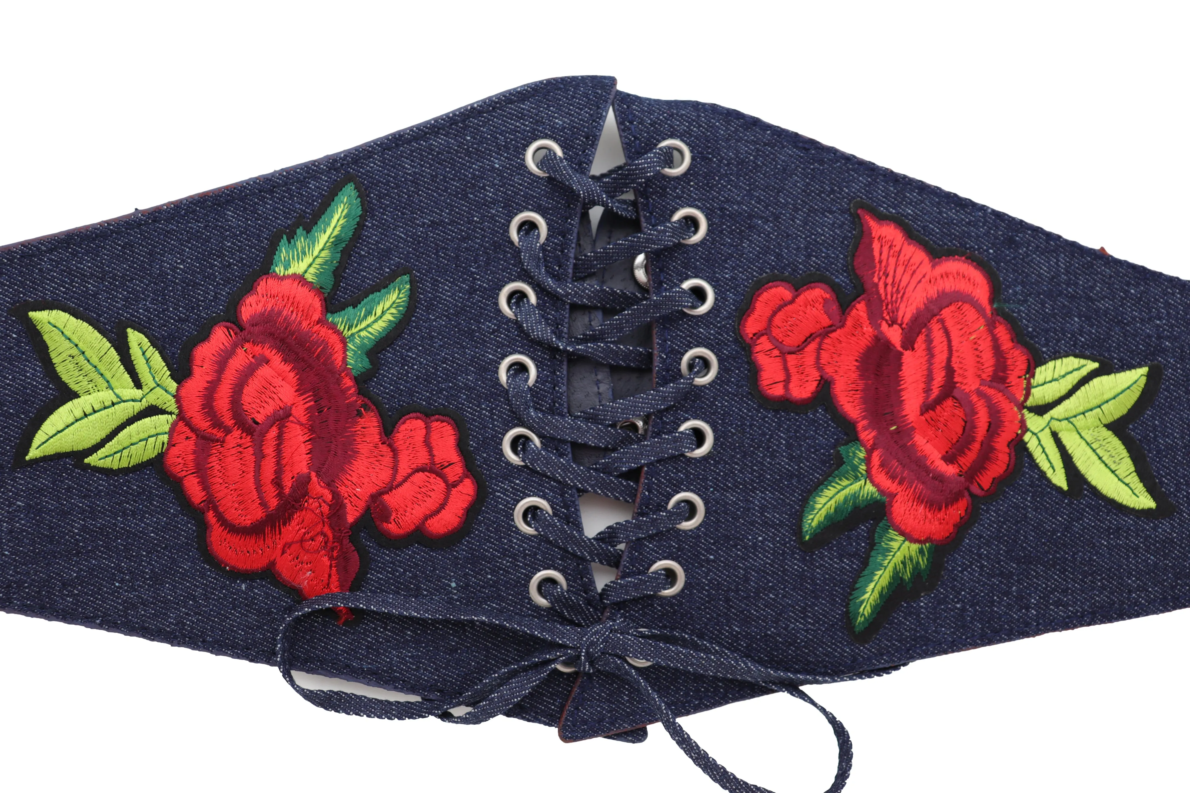 Dark Blue Denim High Waist Corset Elastic Wide Belt Red Rose Flowers S M