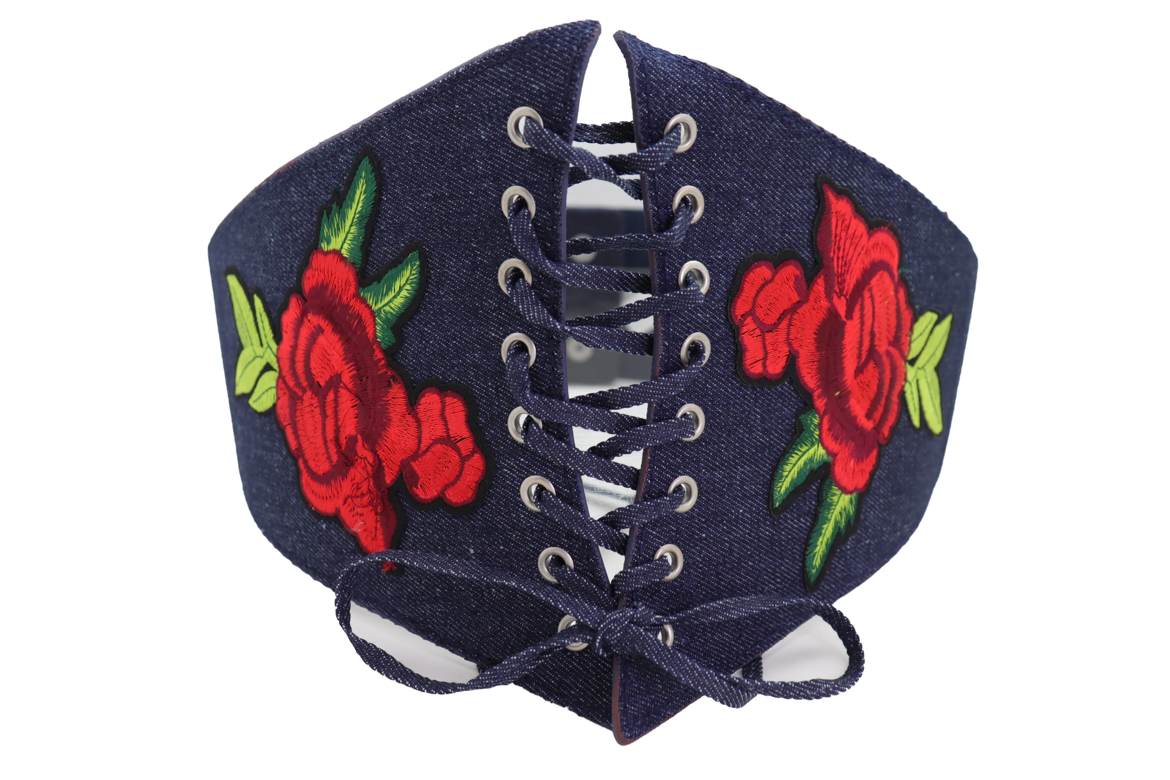 Dark Blue Denim High Waist Corset Elastic Wide Belt Red Rose Flowers S M