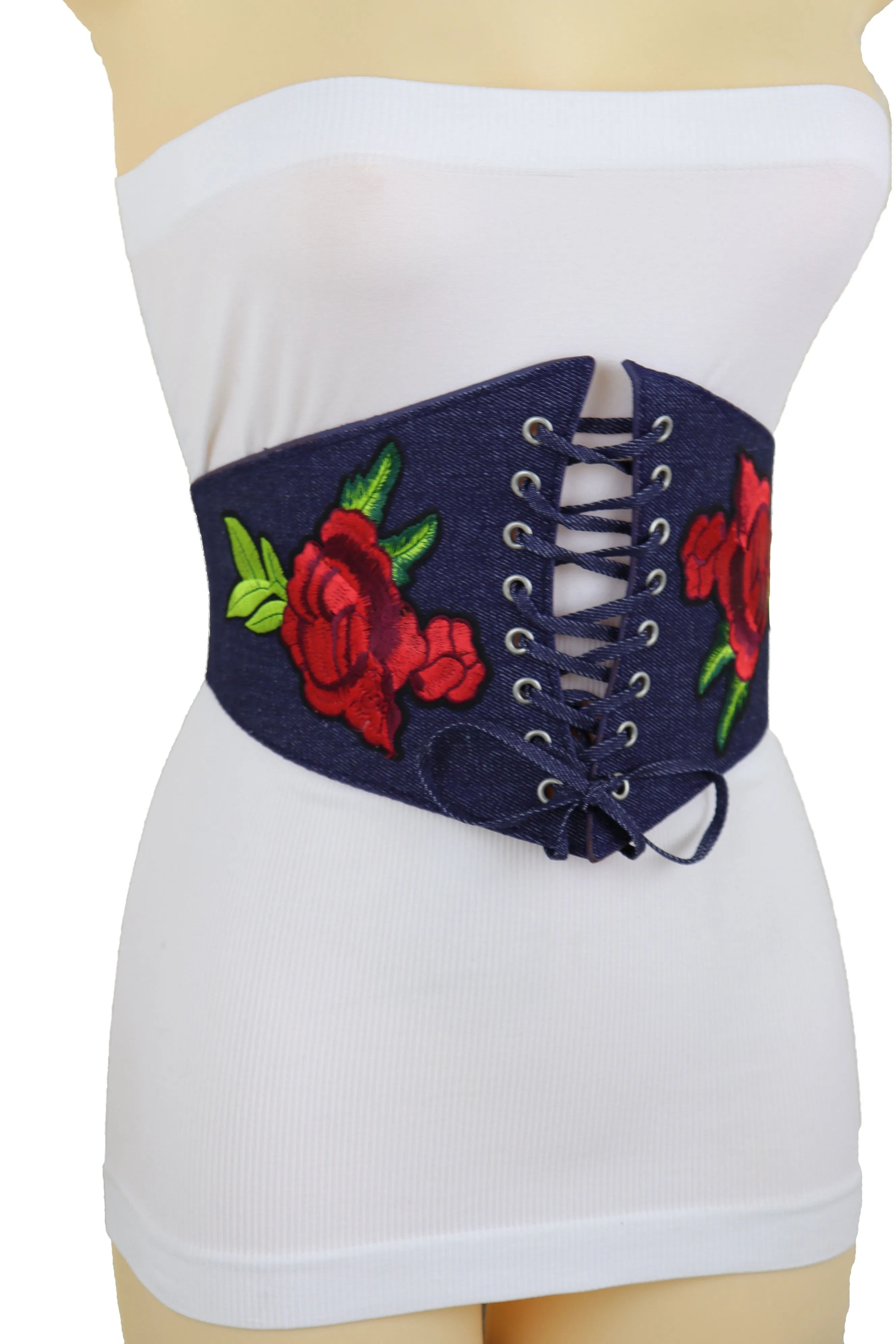 Dark Blue Denim High Waist Corset Elastic Wide Belt Red Rose Flowers S M