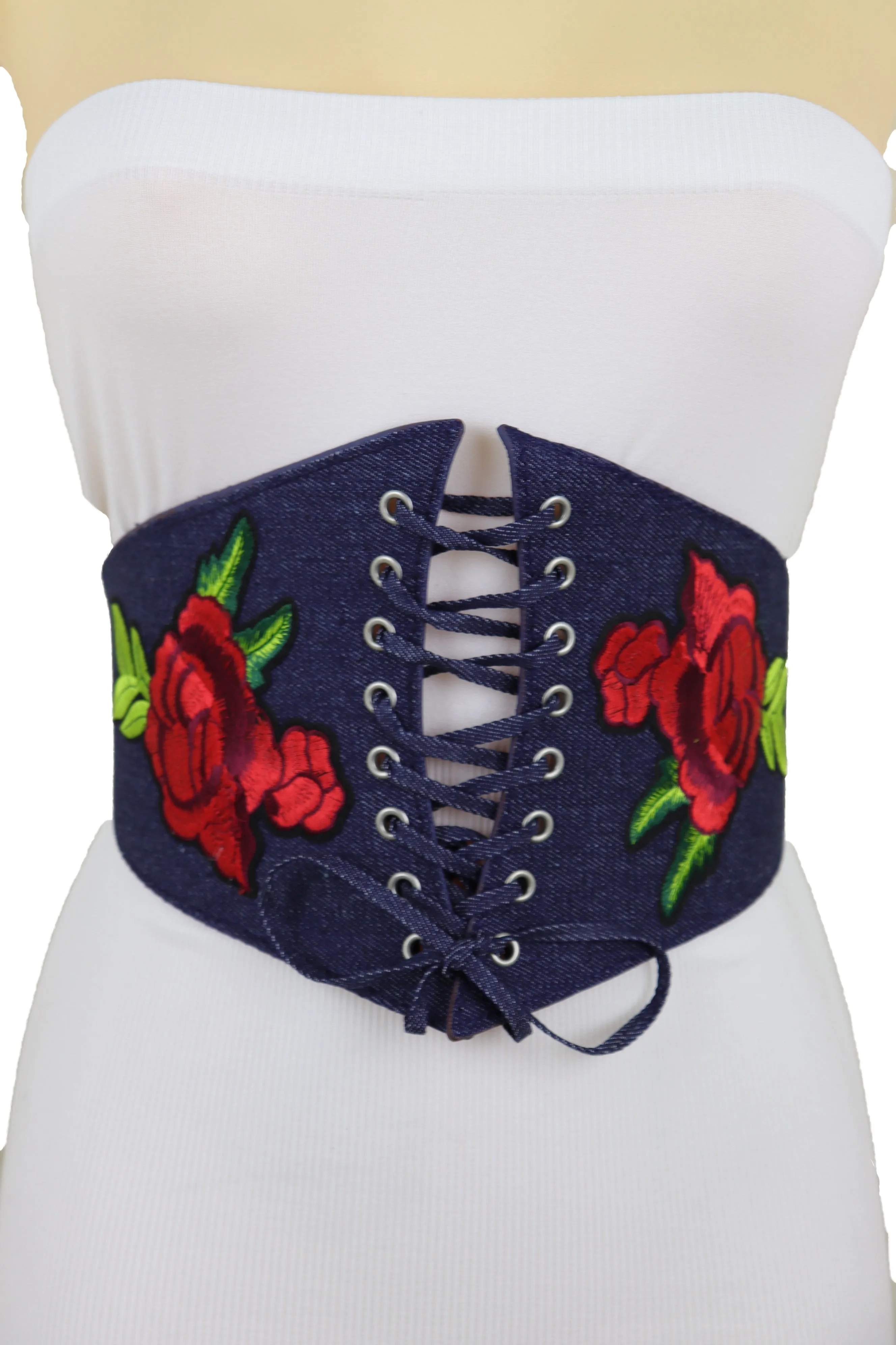 Dark Blue Denim High Waist Corset Elastic Wide Belt Red Rose Flowers S M