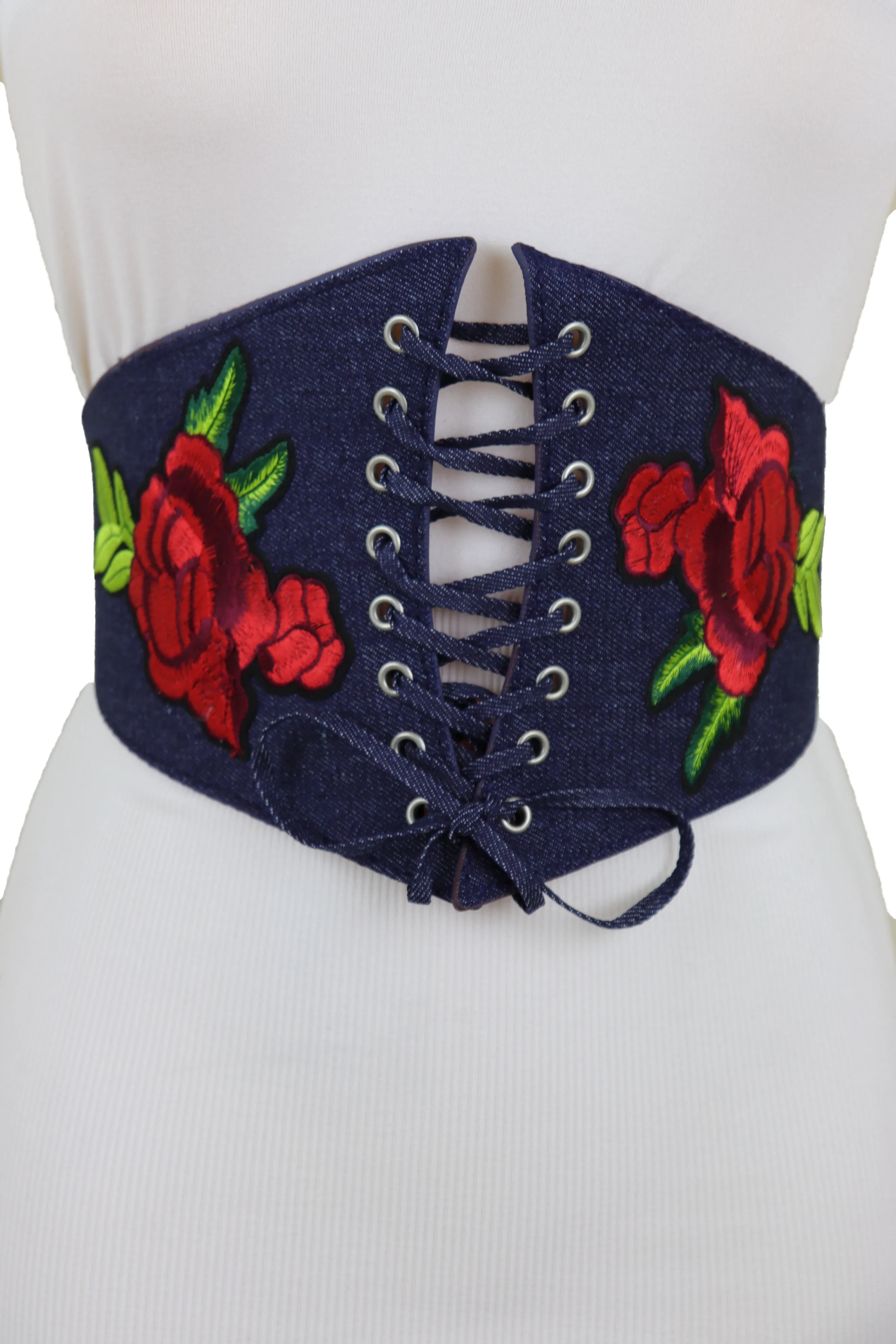 Dark Blue Denim High Waist Corset Elastic Wide Belt Red Rose Flowers S M