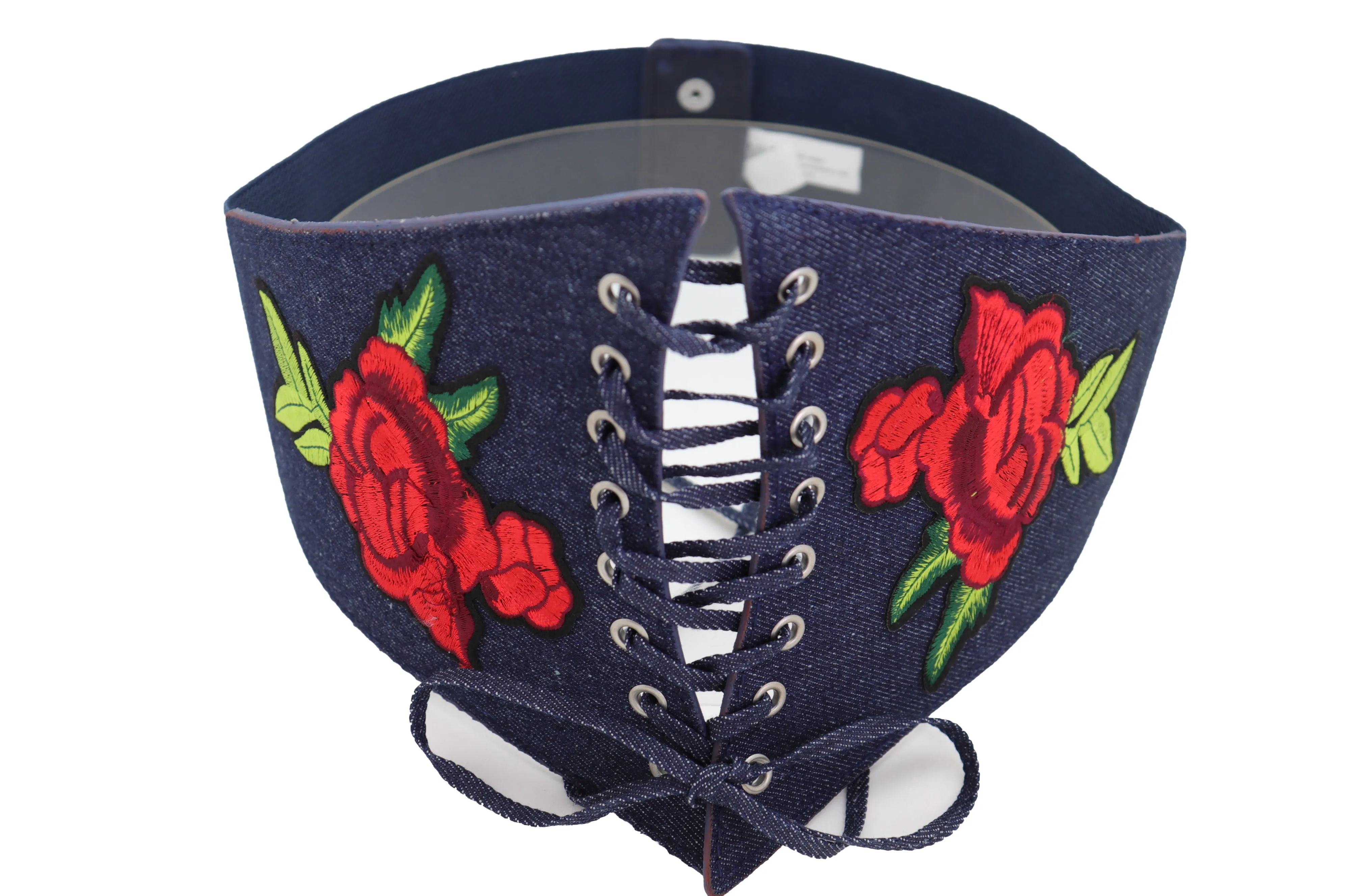 Dark Blue Denim High Waist Corset Elastic Wide Belt Red Rose Flowers S M