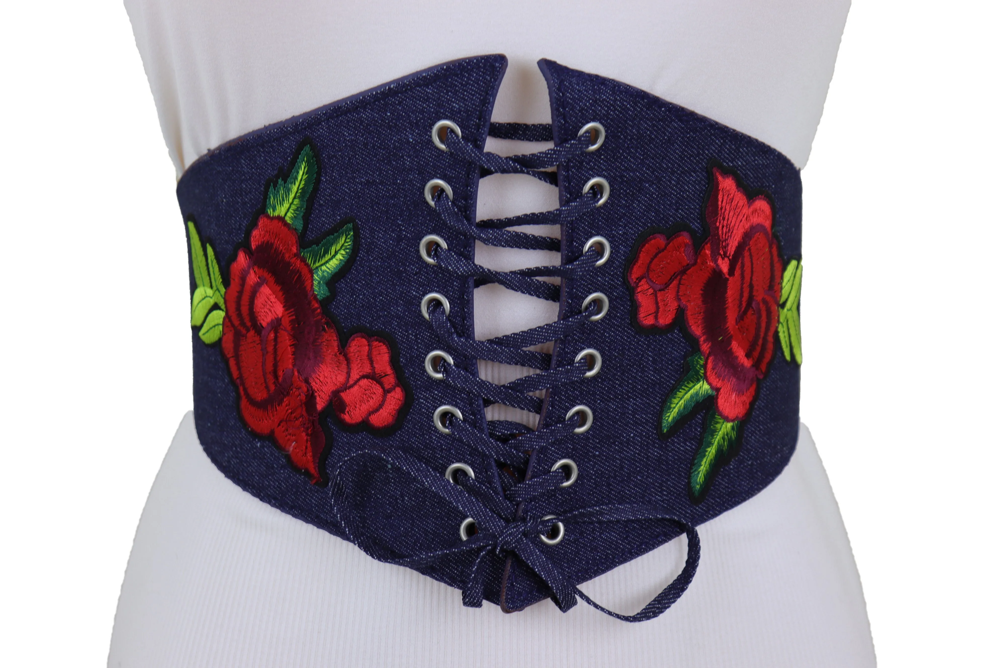 Dark Blue Denim High Waist Corset Elastic Wide Belt Red Rose Flowers S M