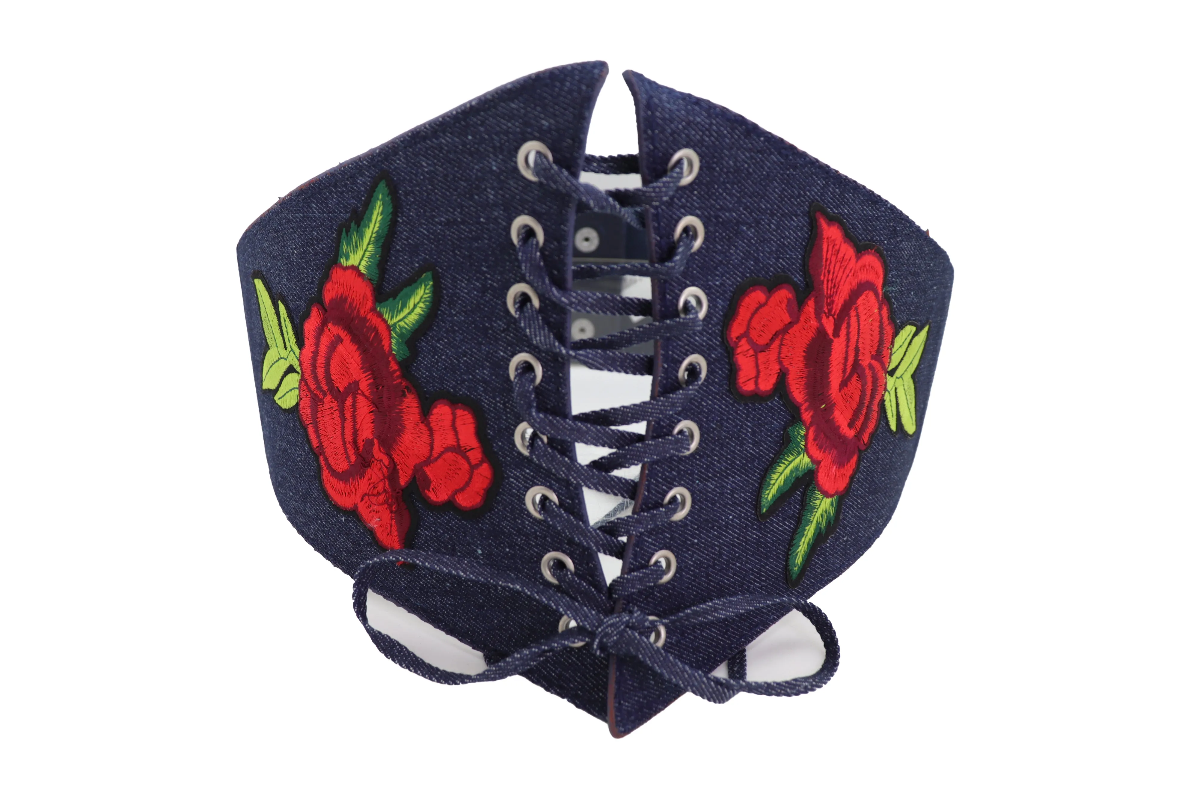 Dark Blue Denim High Waist Corset Elastic Wide Belt Red Rose Flowers S M