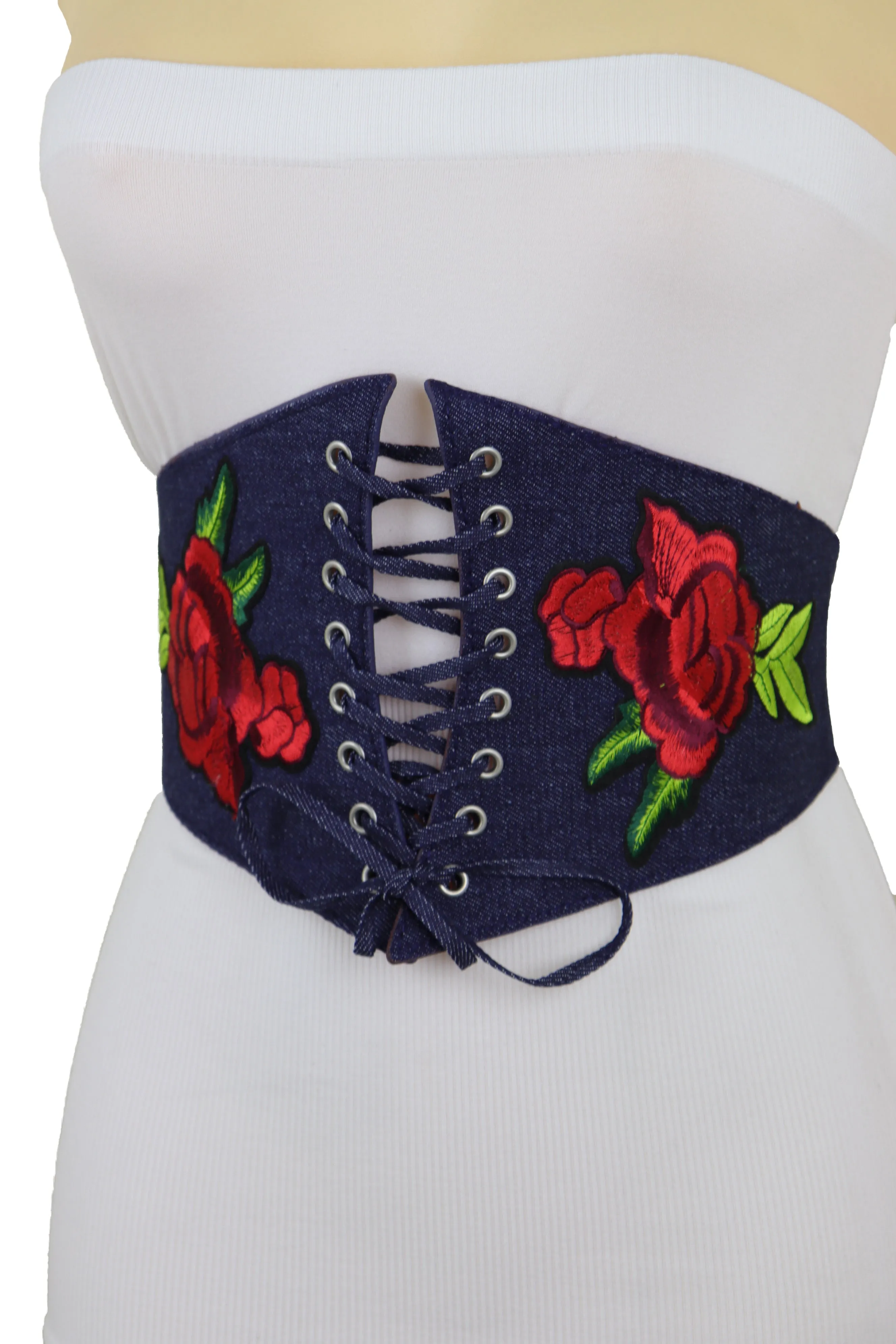 Dark Blue Denim High Waist Corset Elastic Wide Belt Red Rose Flowers S M