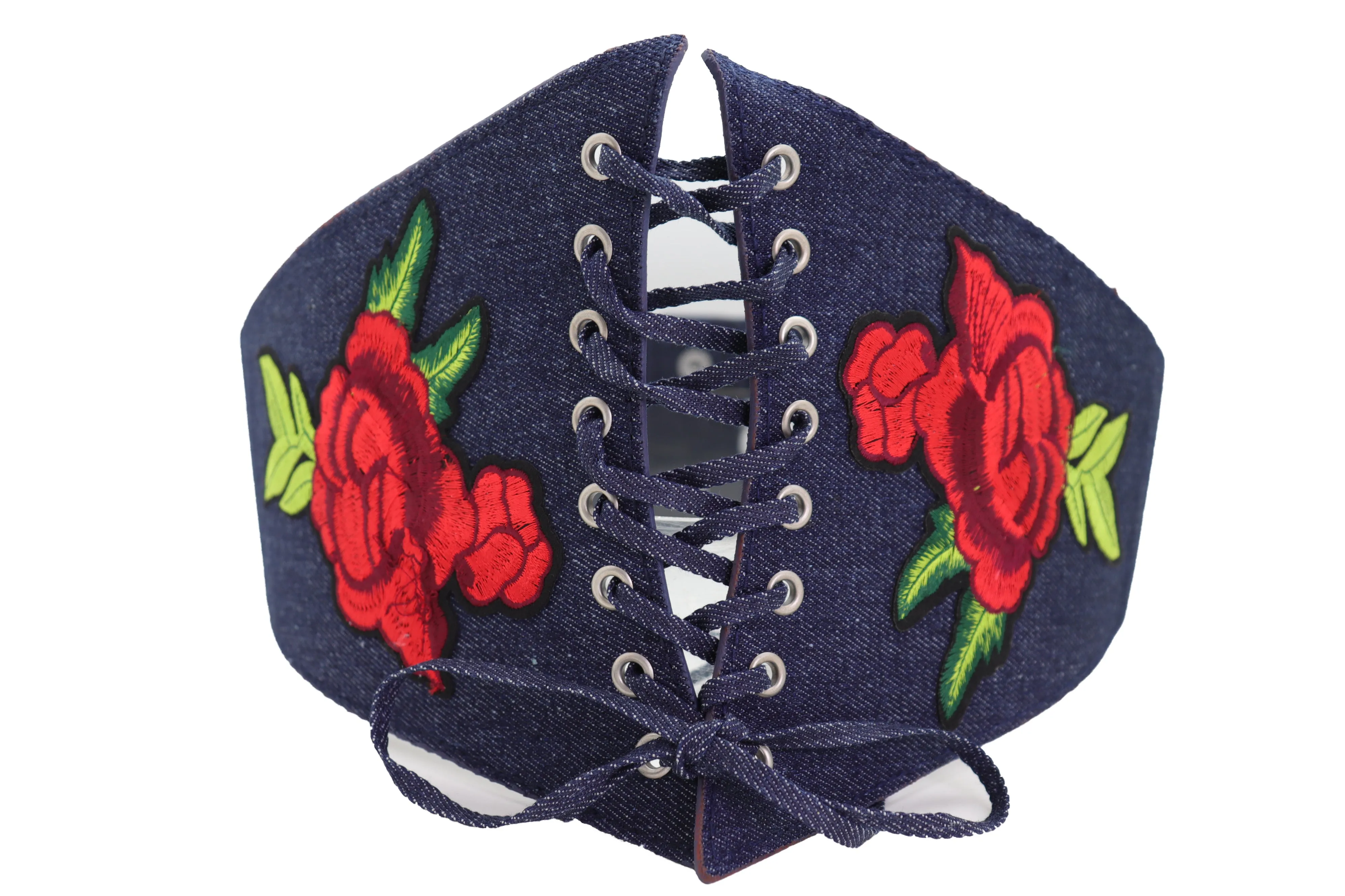 Dark Blue Denim High Waist Corset Elastic Wide Belt Red Rose Flowers S M