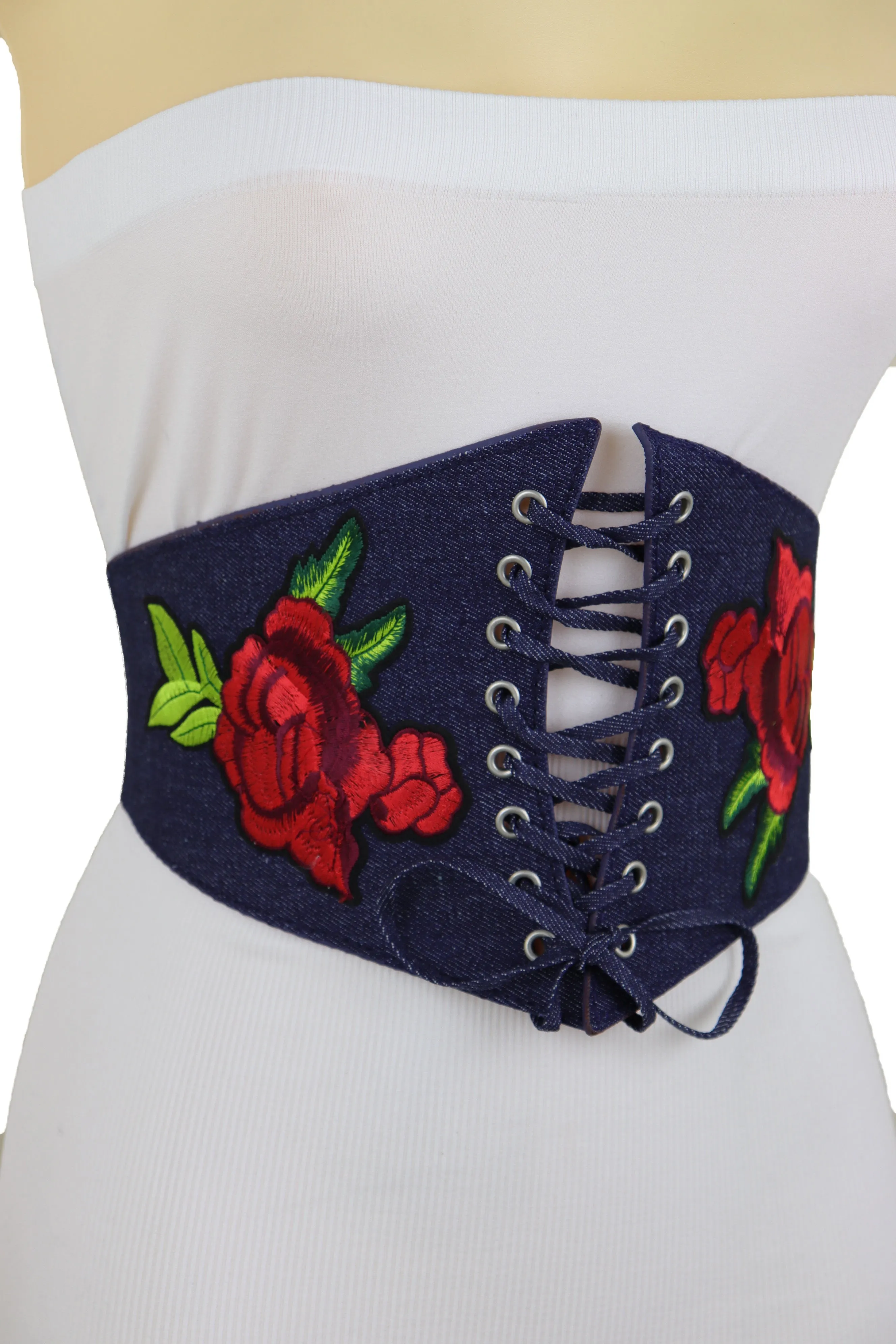 Dark Blue Denim High Waist Corset Elastic Wide Belt Red Rose Flowers S M