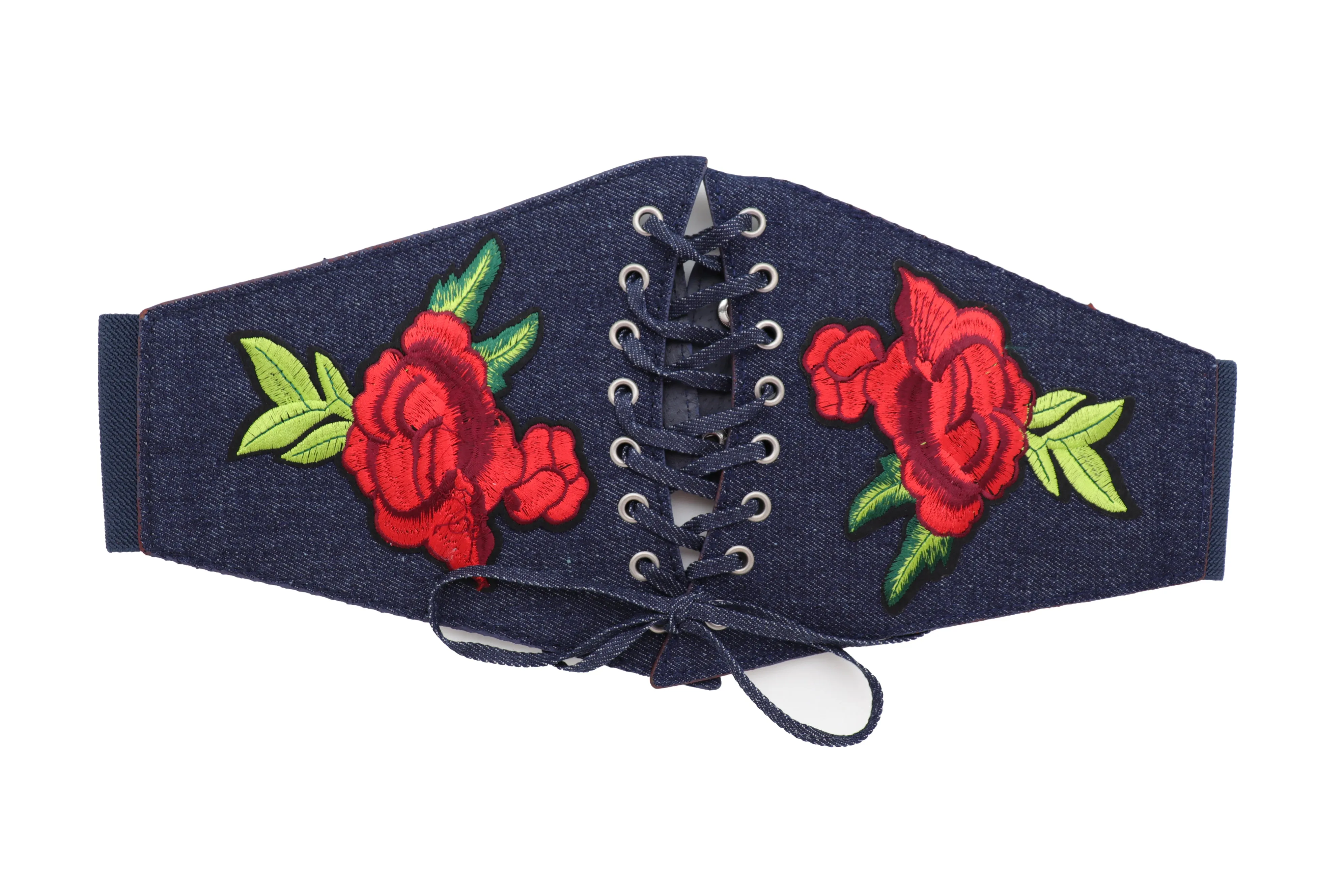 Dark Blue Denim High Waist Corset Elastic Wide Belt Red Rose Flowers S M