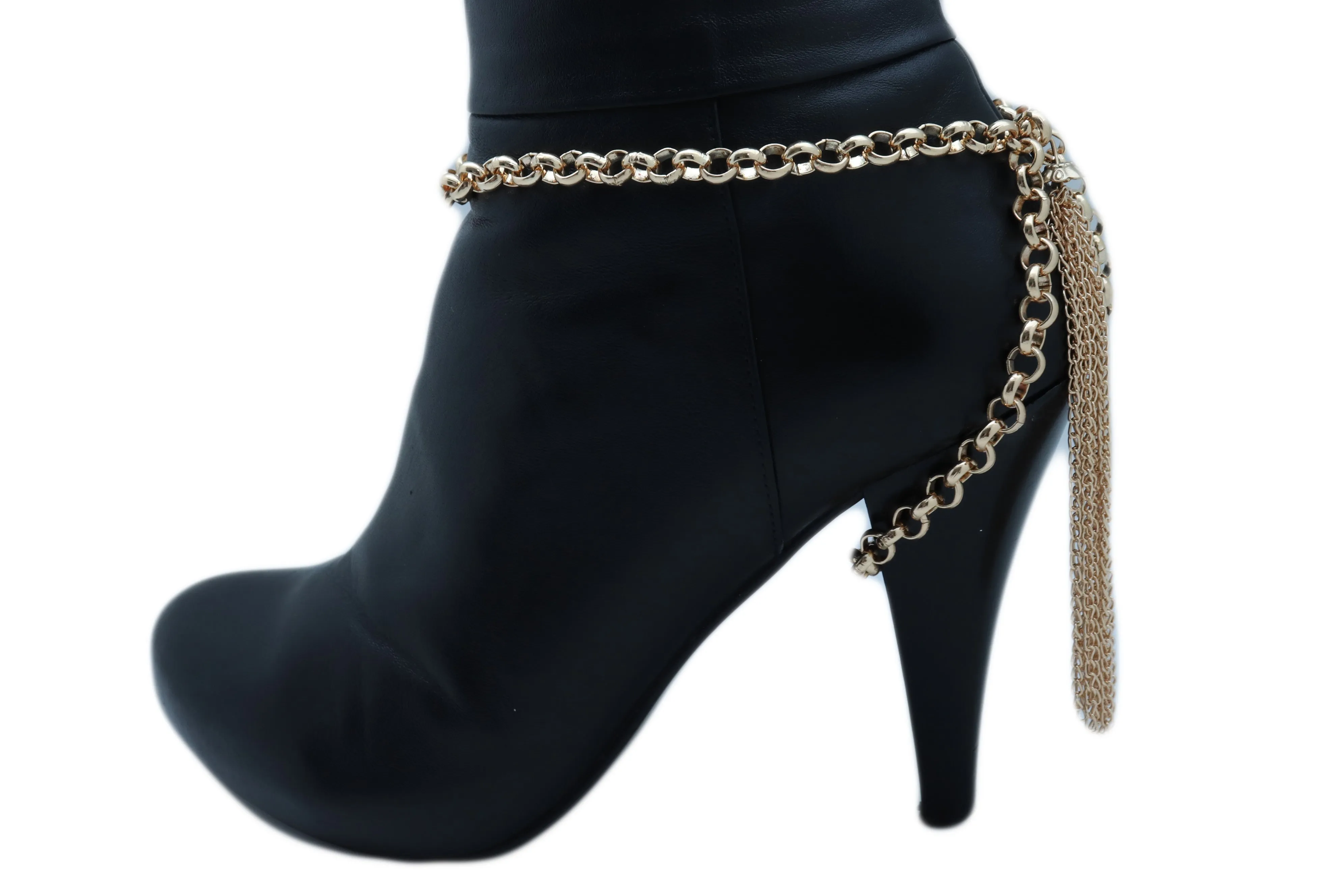 Gold Chain Boot Bracelet Western Shoe Anklet Back Tassel Fringes Charm