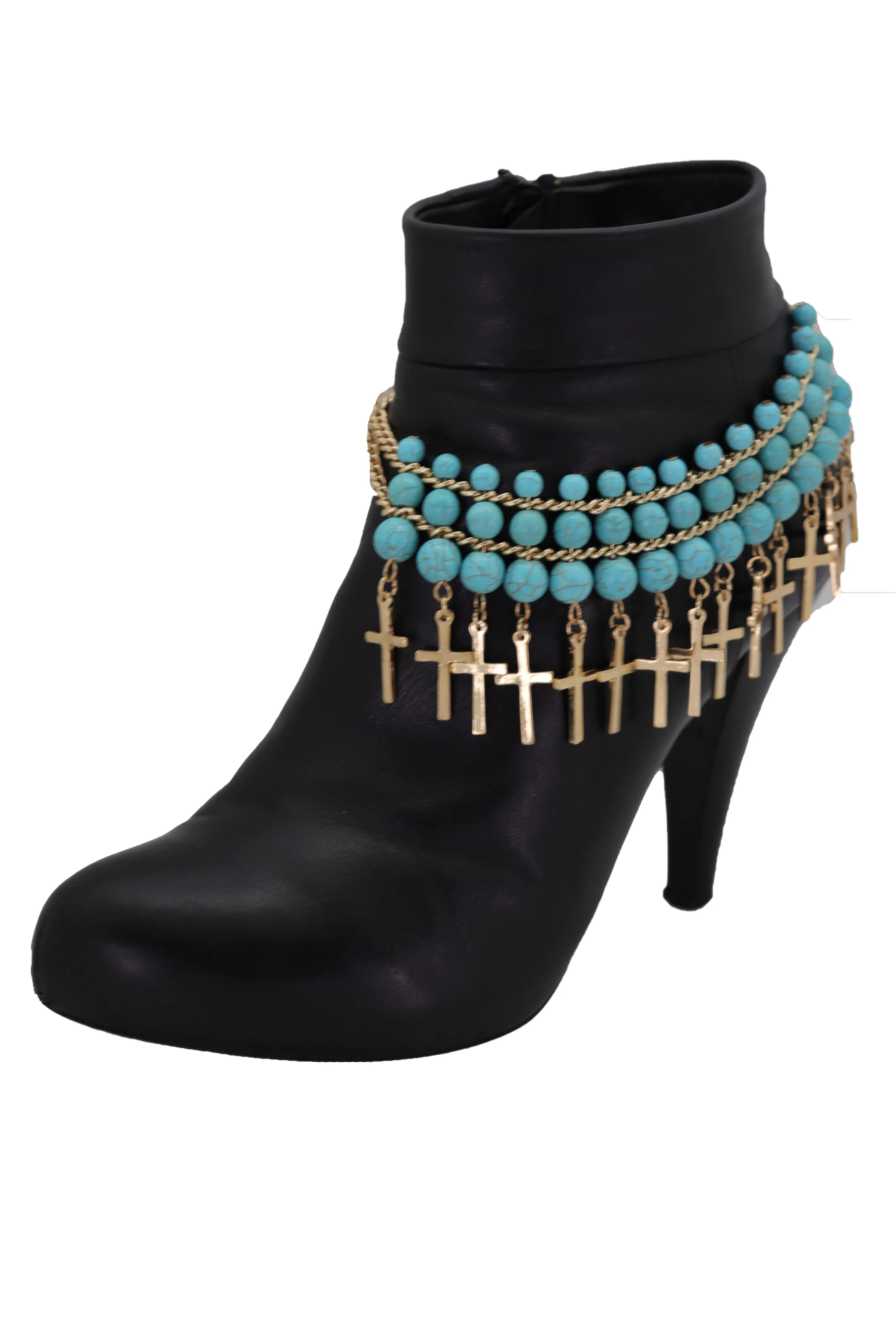 Gold Metal Boot Chain Bracelet Anklet Shoe Cross Charm Turquoise