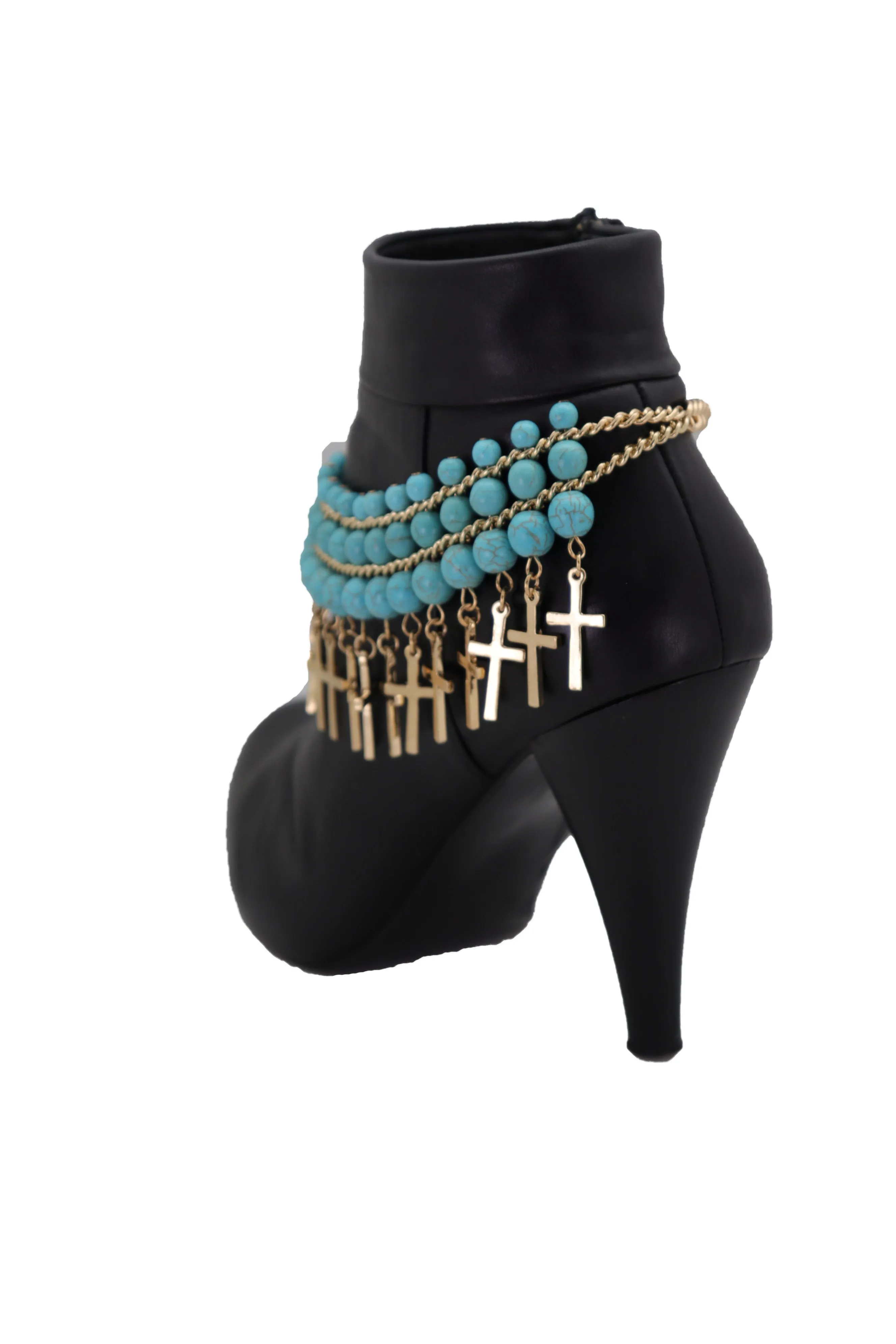 Gold Metal Boot Chain Bracelet Anklet Shoe Cross Charm Turquoise