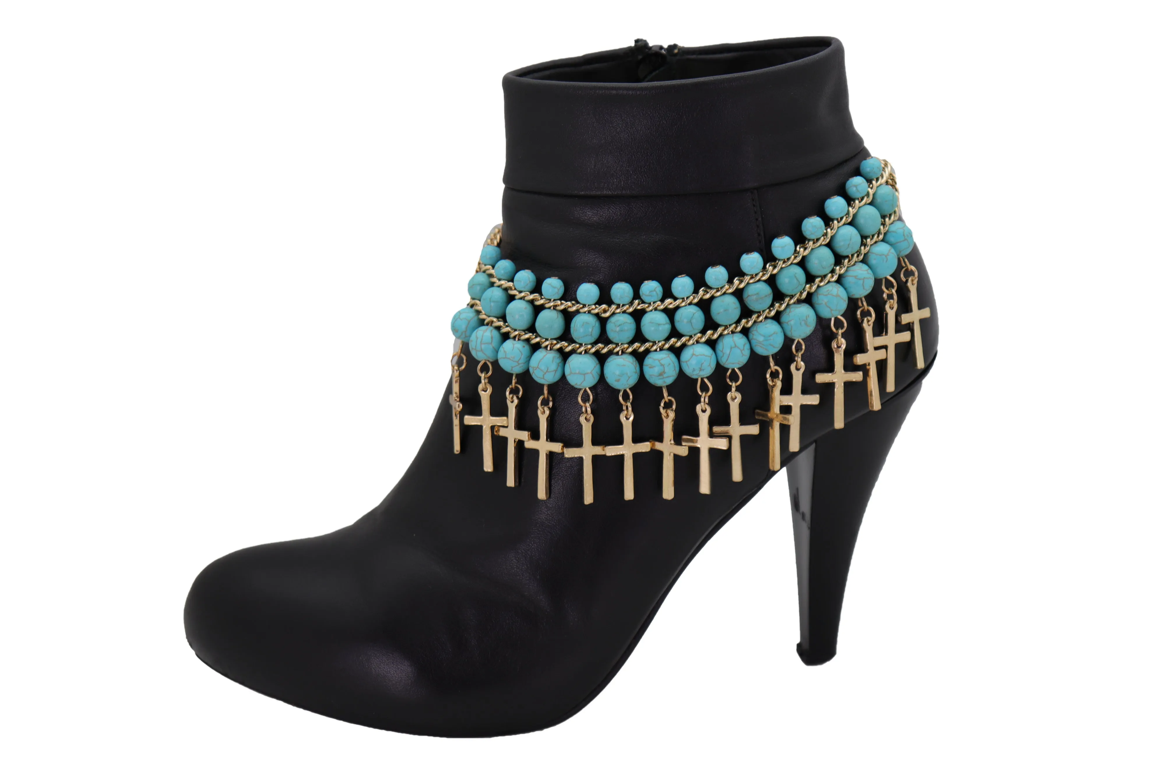 Gold Metal Boot Chain Bracelet Anklet Shoe Cross Charm Turquoise