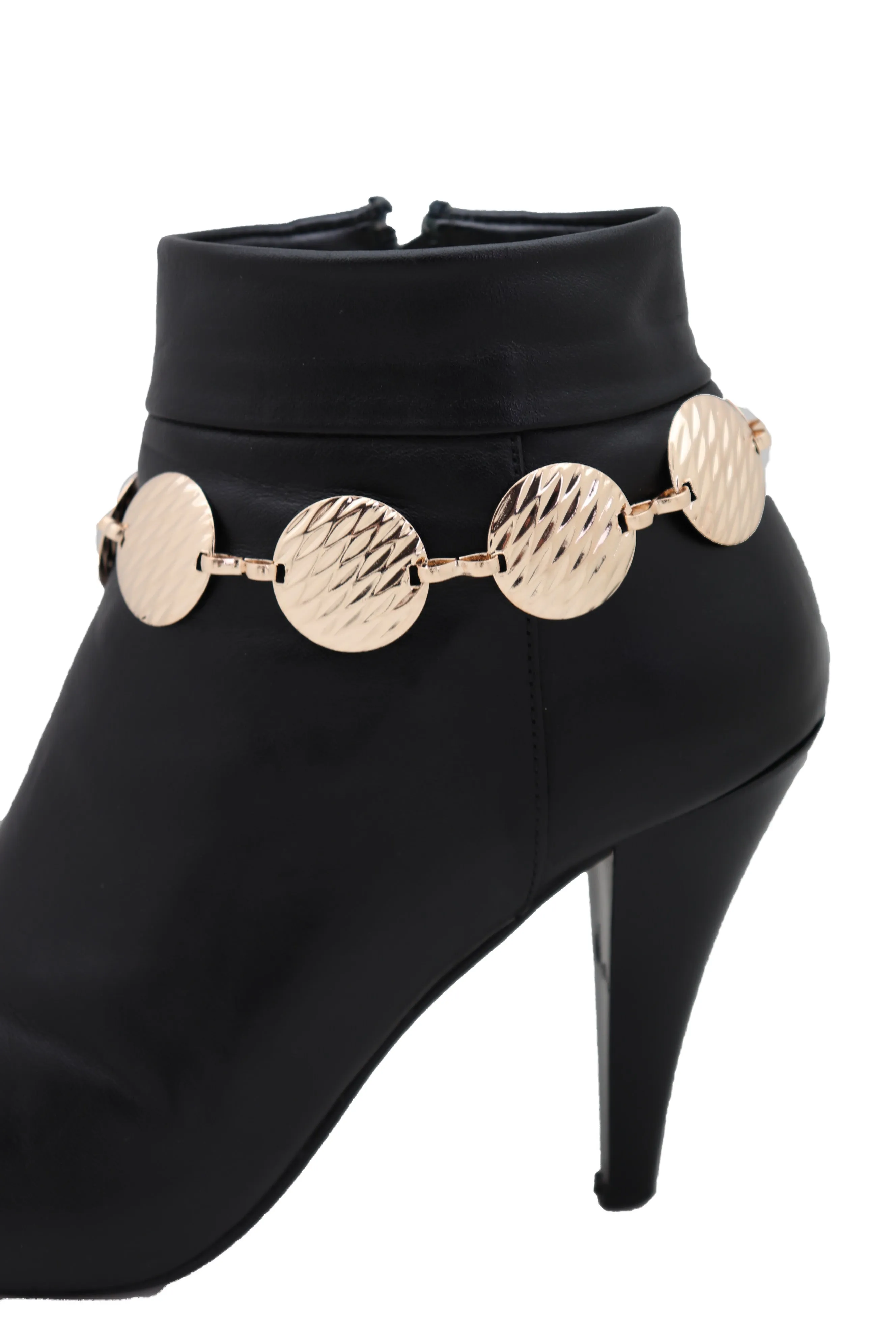 Gold Metal Chain Boot Bracelet Shoe Anklet Textured Circle Round Charms