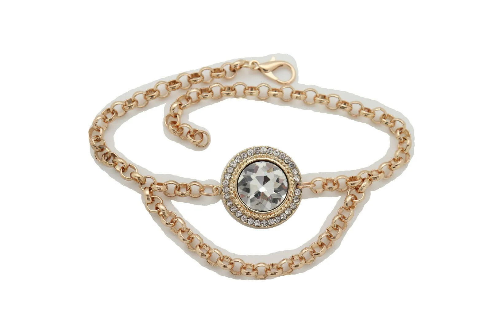 Gold Metal Chain Circle Gem Pendant Boot Bracelet