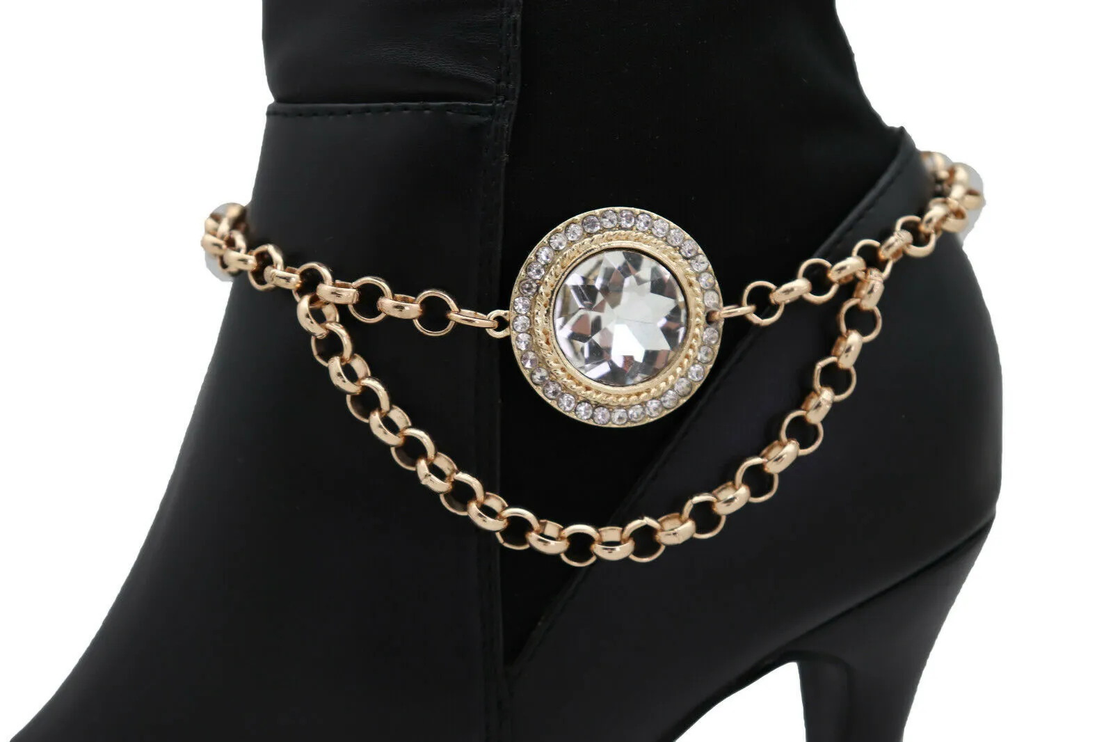 Gold Metal Chain Circle Gem Pendant Boot Bracelet