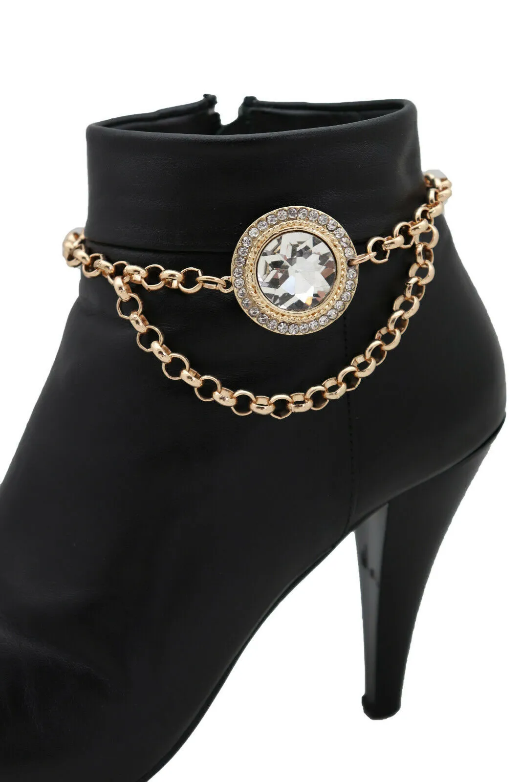 Gold Metal Chain Circle Gem Pendant Boot Bracelet