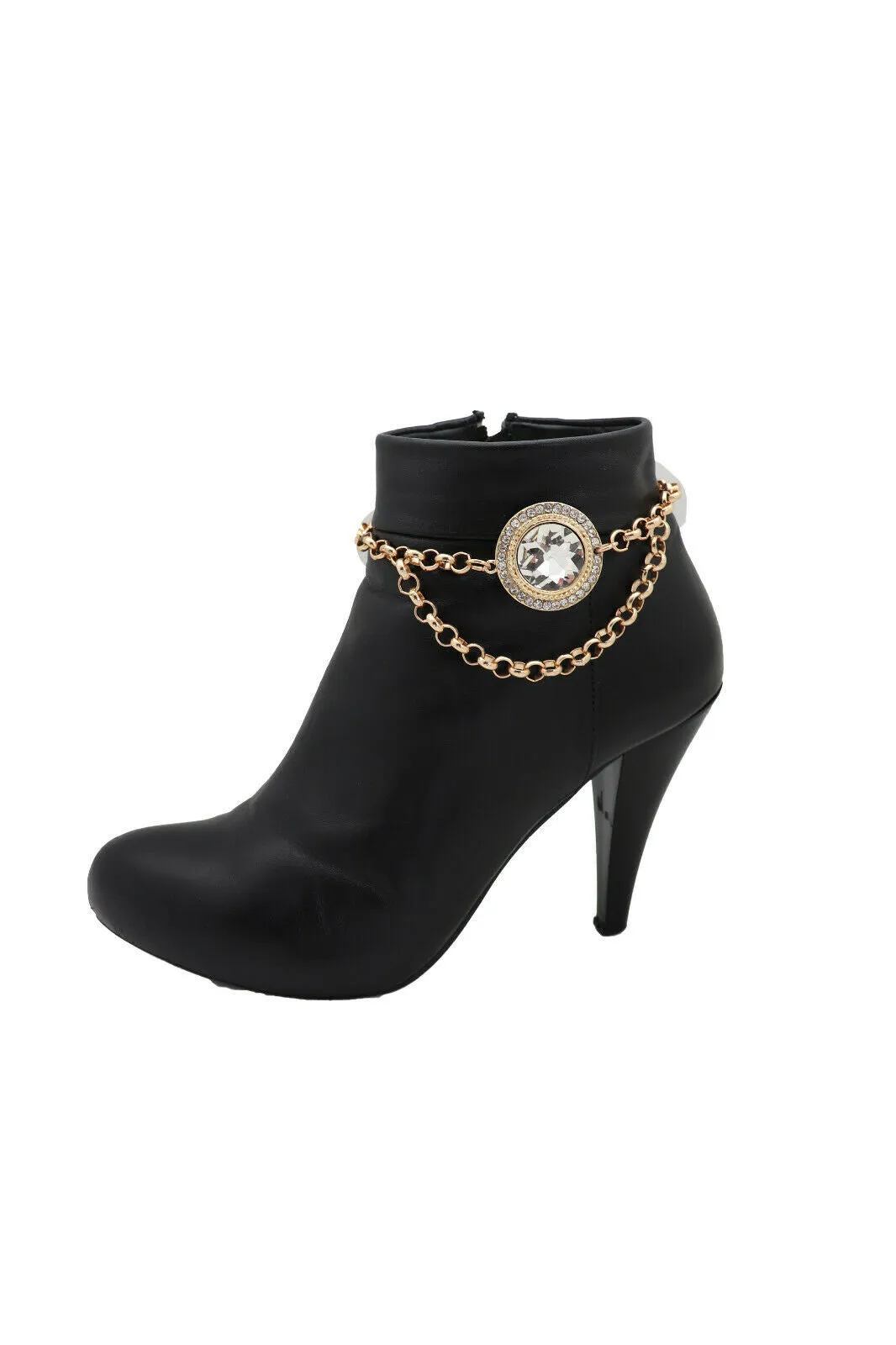 Gold Metal Chain Circle Gem Pendant Boot Bracelet