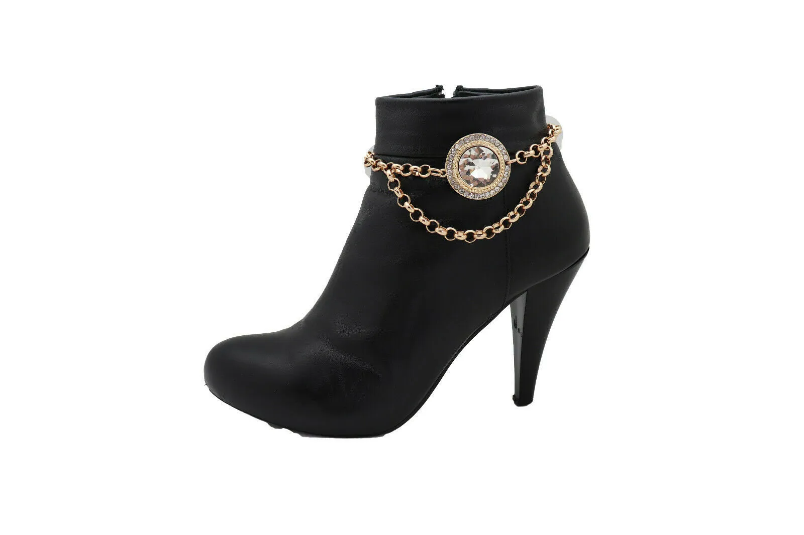 Gold Metal Chain Circle Gem Pendant Boot Bracelet