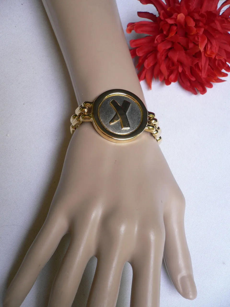 Gold Metal Shield Chains X Circle 80' Style Retro Bracelet Women Men