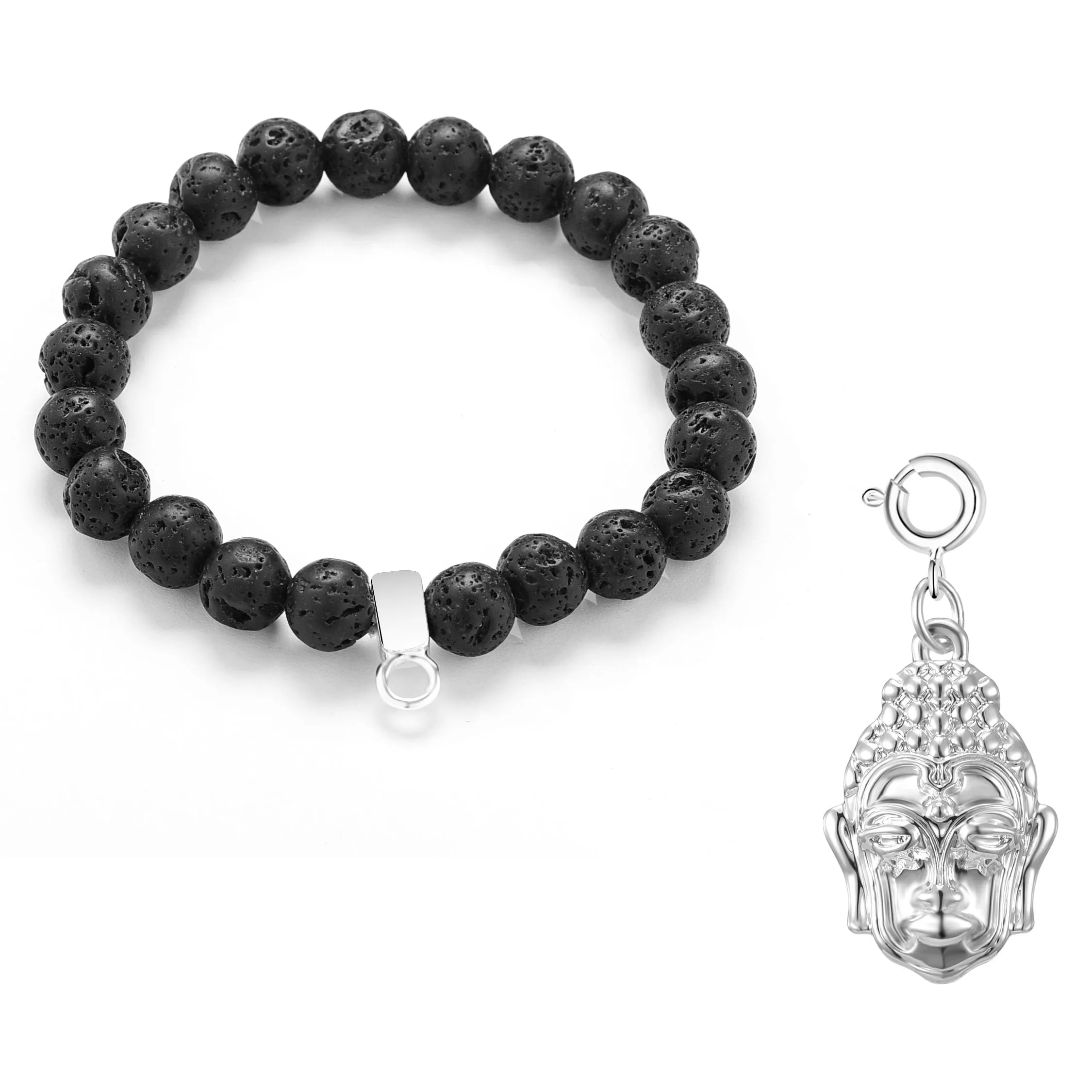 Lava Rock Gemstone Stretch Bracelet with Charm Created with Zircondia® Crystals