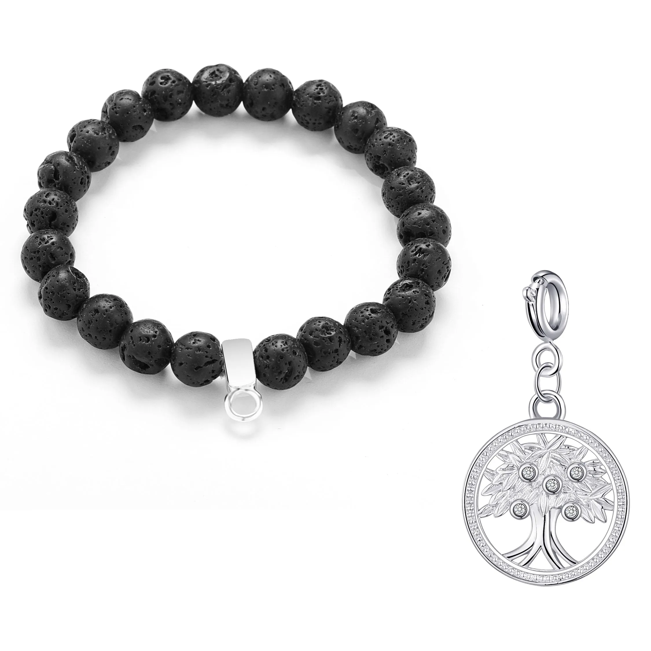 Lava Rock Gemstone Stretch Bracelet with Charm Created with Zircondia® Crystals