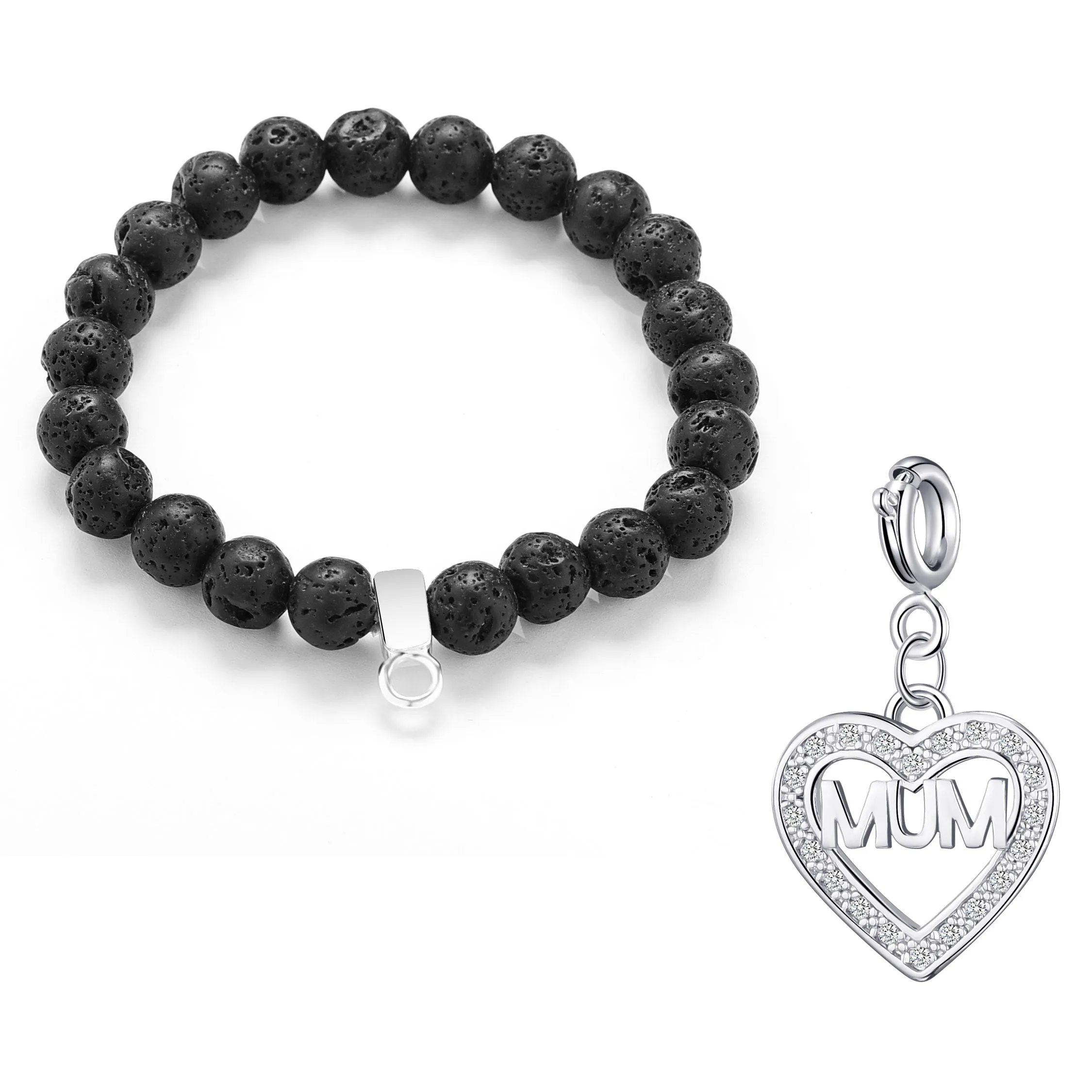 Lava Rock Gemstone Stretch Bracelet with Charm Created with Zircondia® Crystals