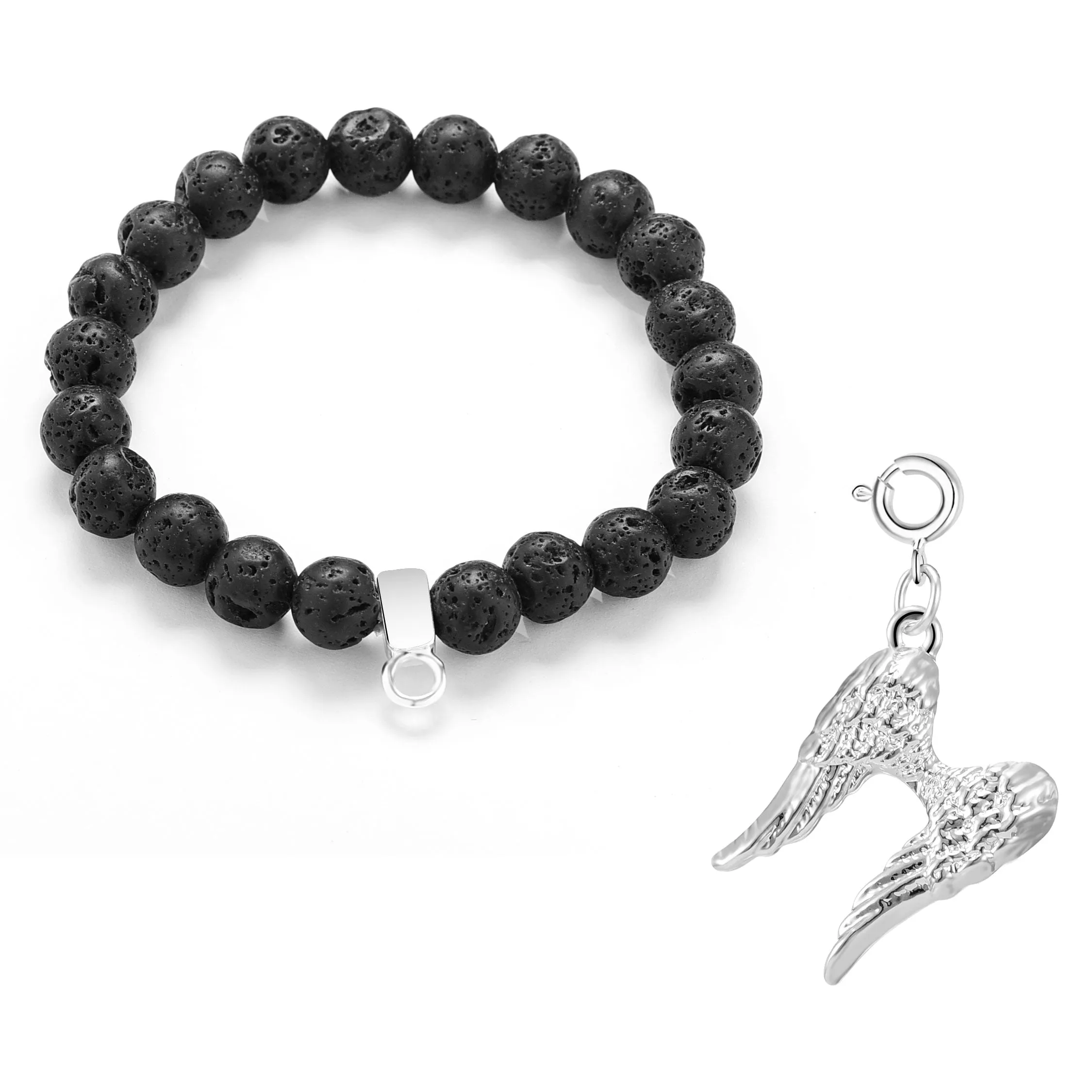 Lava Rock Gemstone Stretch Bracelet with Charm Created with Zircondia® Crystals