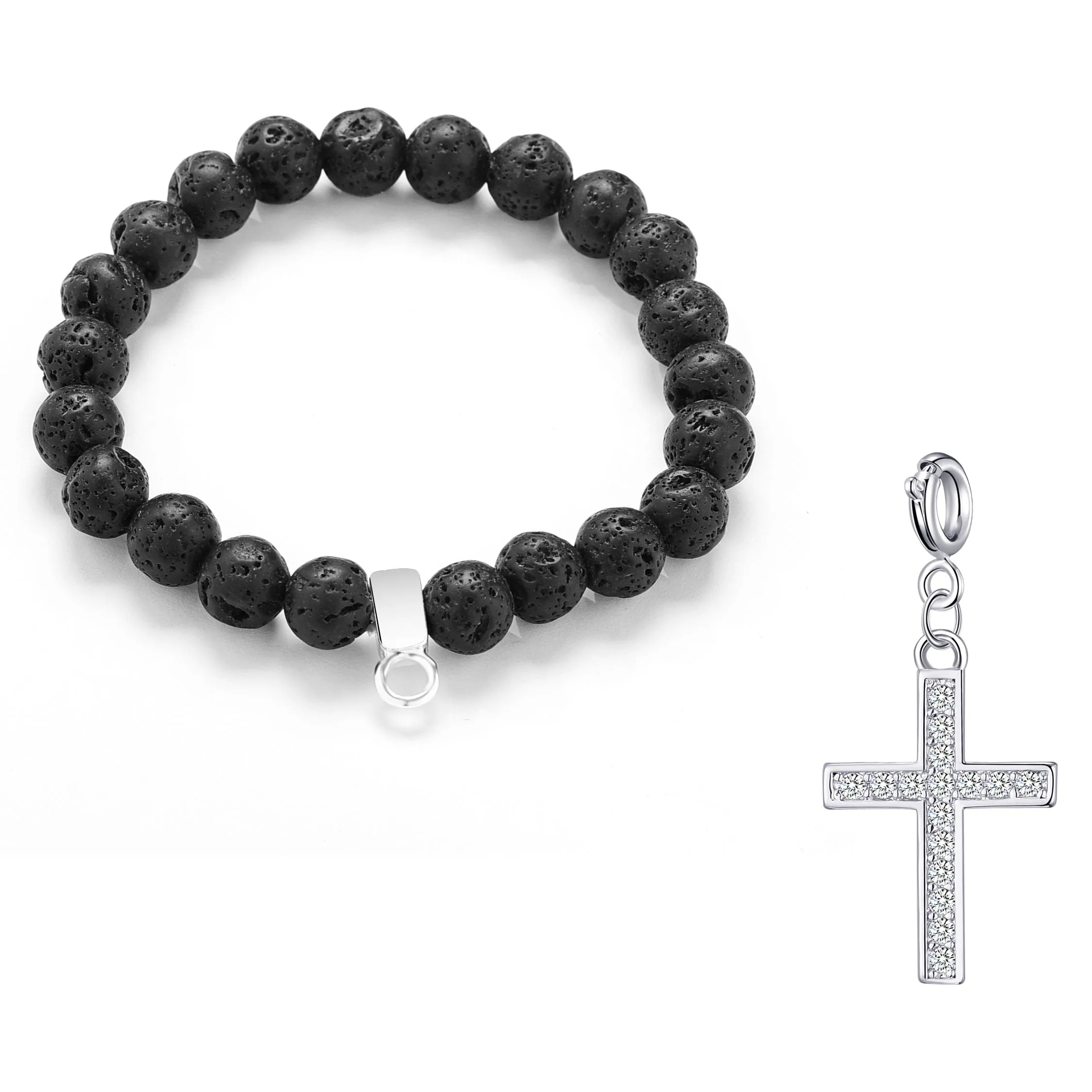 Lava Rock Gemstone Stretch Bracelet with Charm Created with Zircondia® Crystals